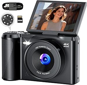 Professional 4K Digital Photo Camera: 56MP Digital Camera with Molette 180° Flip Screen Mode – Compact Cameras with 32GB C…