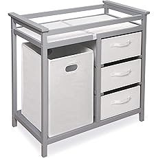 Badger Basket Modern Baby Changing Table - Nursery Furniture with Laundry Hamper and 3 Storage Drawers - Diaper Changing Station with Safety Belt, Changing Pad, and Organizer Baskets - White
