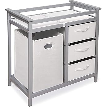 Badger Basket Modern Baby Changing Table - Nursery Furniture with Laundry Hamper and 3 Storage Drawers - Diaper Changing Station with Safety Belt, Changing Pad, and Organizer Baskets - White