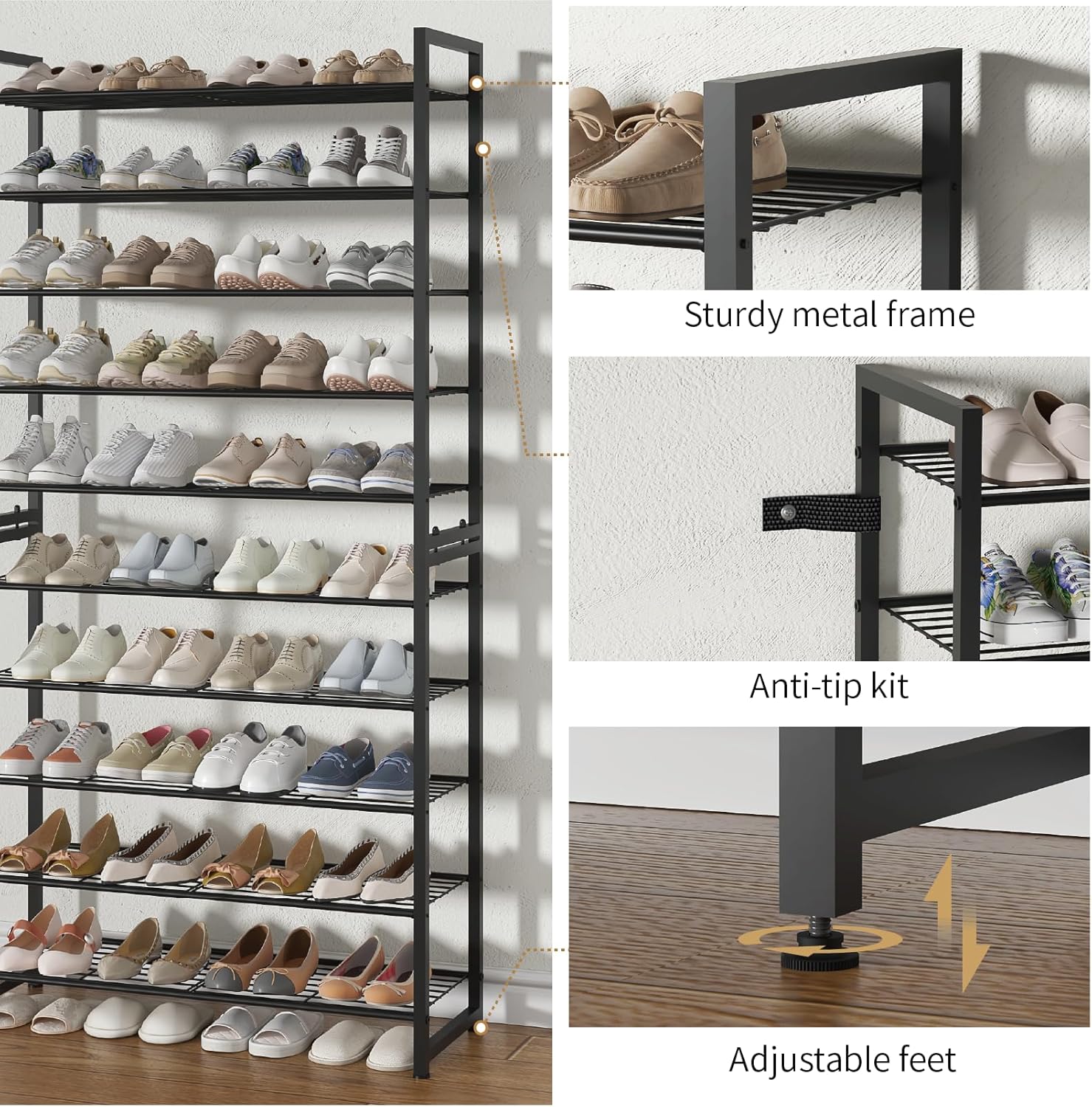 Stackable Shoe Rack for Closet, 8 Tier Metal Heavy Duty Shoe Storage Organizer,Large Capacity Shoe Shelf Max Holds 38 Pairs of Shoes,Sturdy and Stable, for Closet, Entryway,Garage，Black