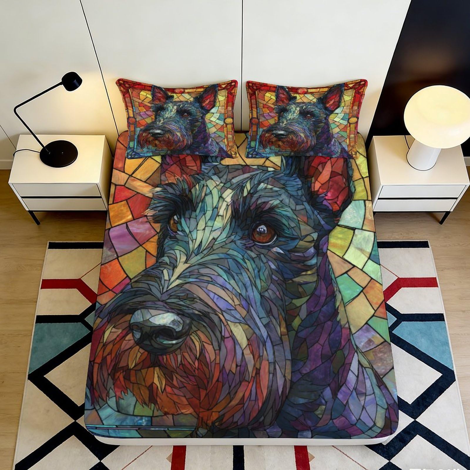 3D Printed Colorful Scottish Terrier Fitted Sheet Microfiber Soft Breathable Abstract Dog Bed Cover for Bedroom Dormitory Guest Room Mattress Protection 90x200x25cm