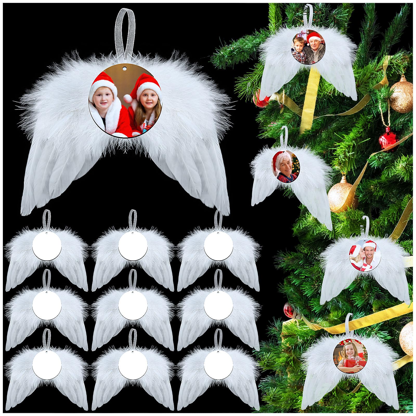 20 Pcs Christmas Angel White Feather Wings Ornament, Hanging Decor With Round Sublimation Blank Pendants for Christmas Tree Crafts, Mini Xmas Decor