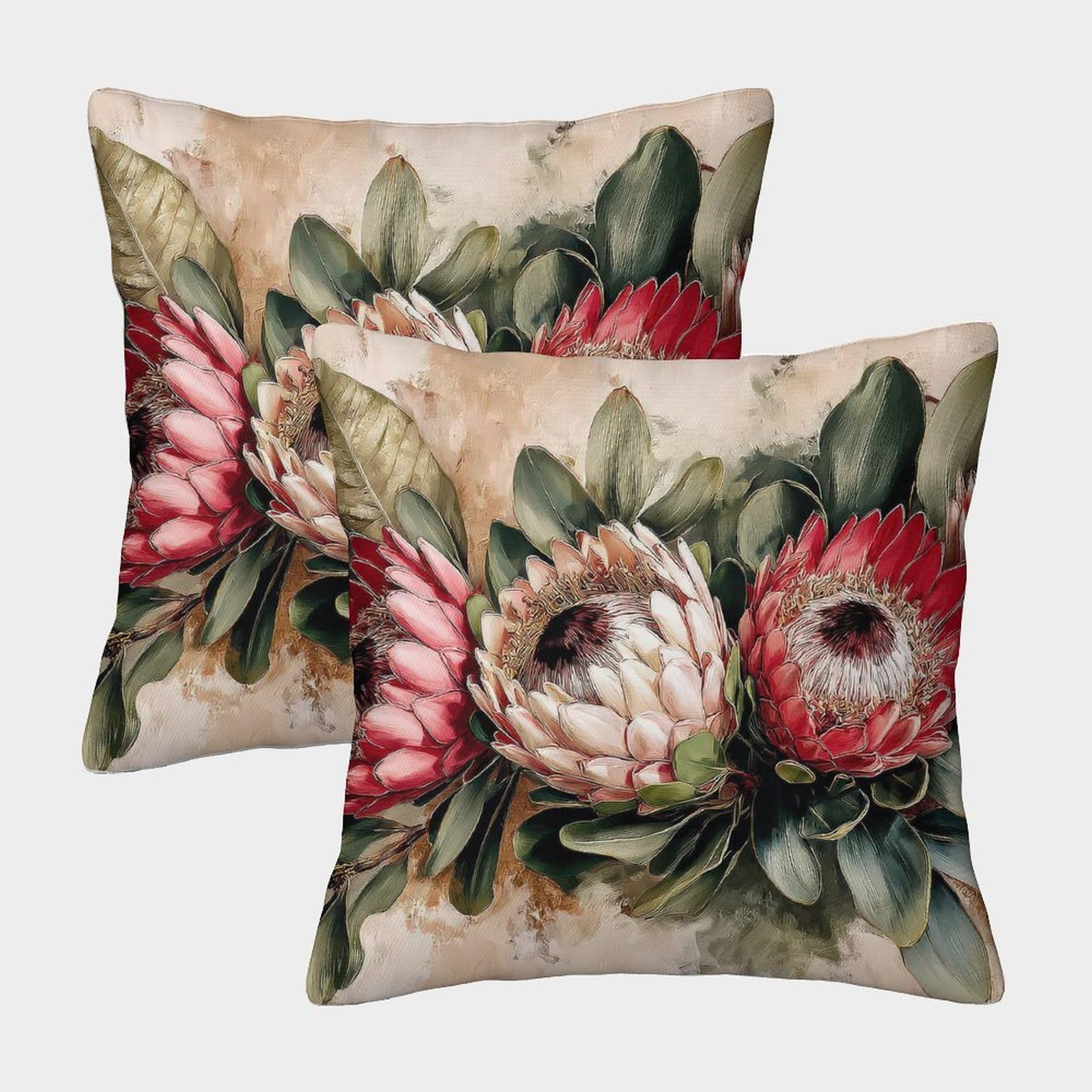 Felasbuid Style-6 Protea Flowers—Botanical Art Style Pillow Covers 2 Pack Cozy Pillowcase Art Cushion Covers Zippered Decor For Couch Livingroom 40X40cm