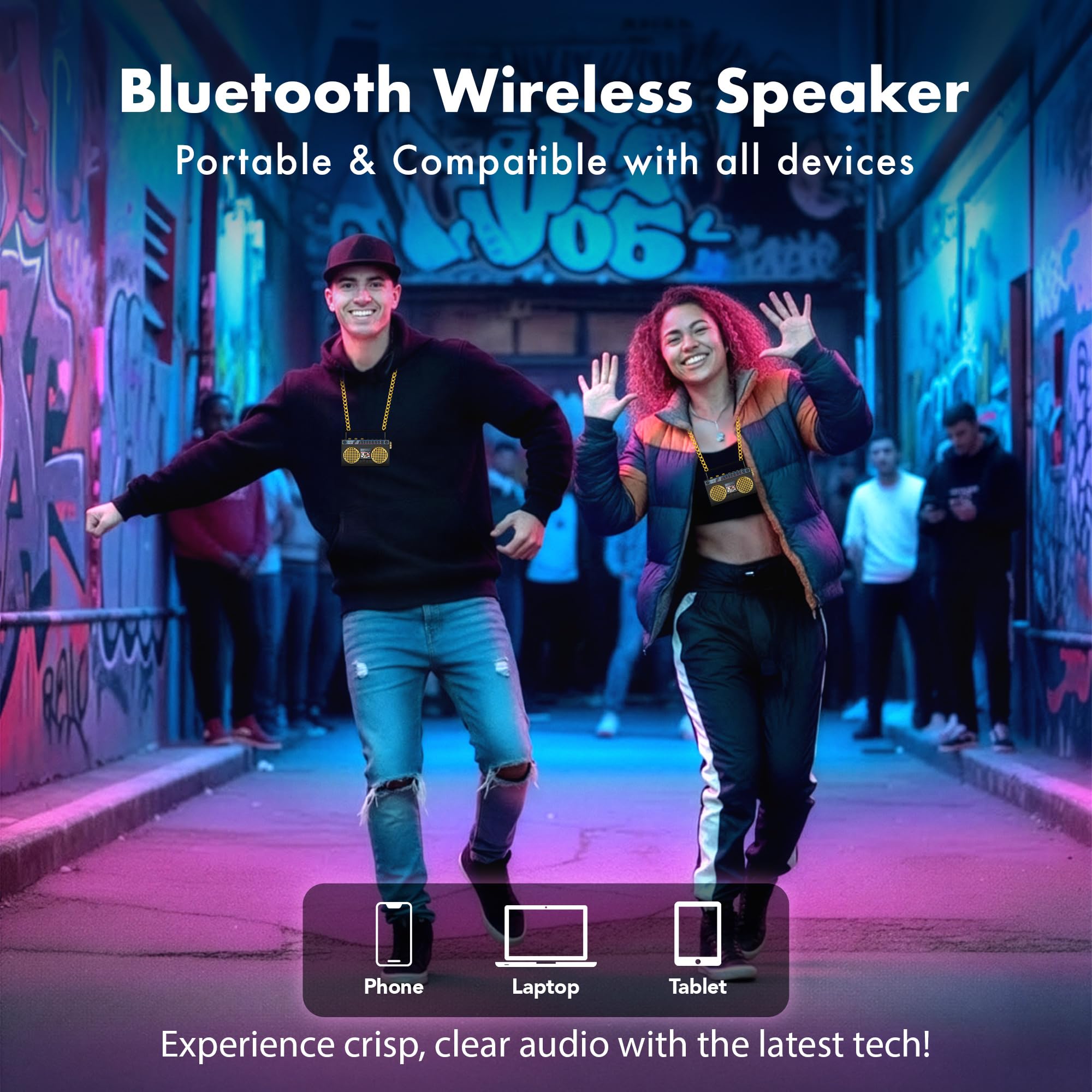 Mini haut-parleur portable sans fil Bluetooth rétro portable Boombox, collier de 68,6 cm, radio FM, boutons intégrés, double micro haut-parleurs 6 W, batterie longue durée