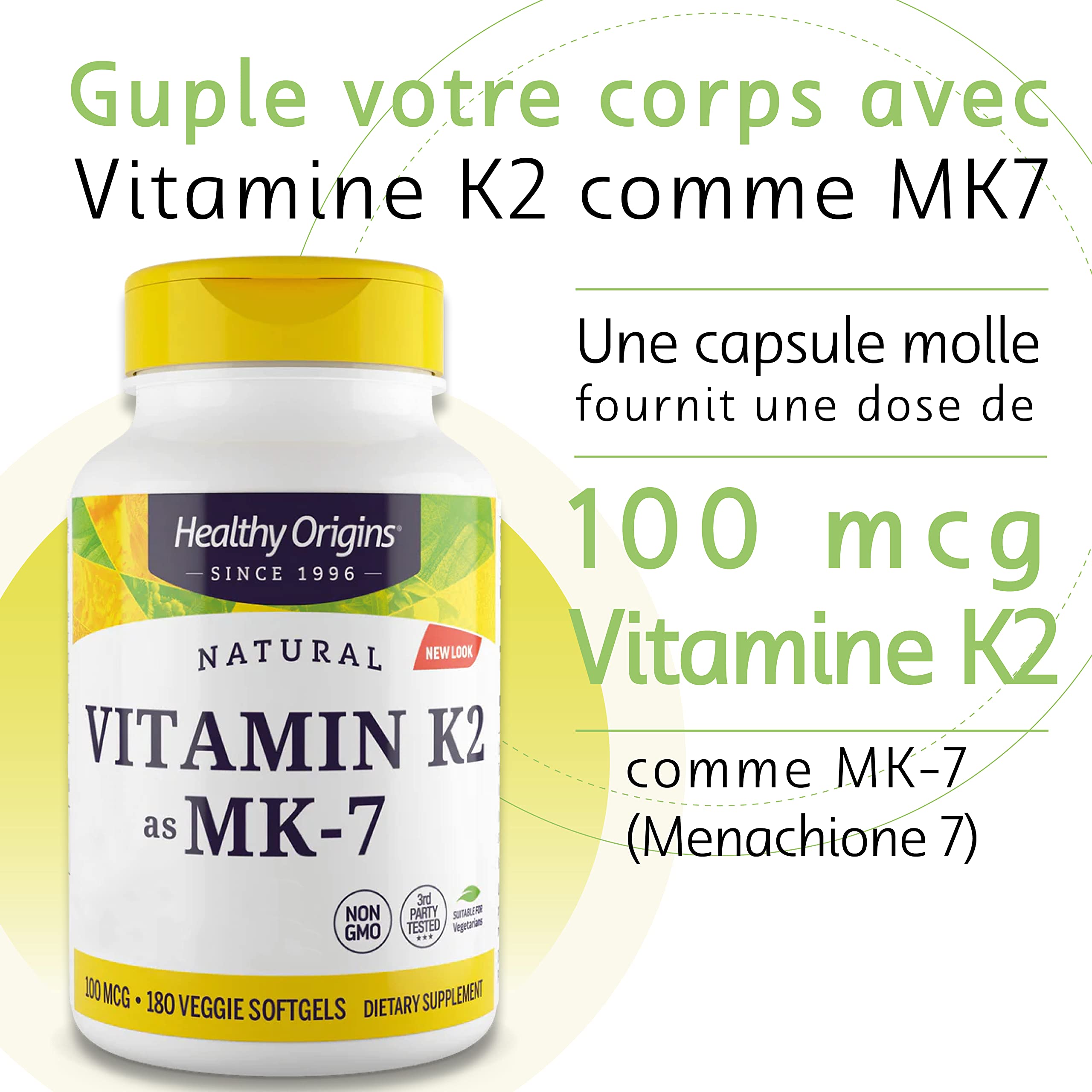 Healthy Origins, Vitamin K2 comme MK7, 100 mcg, 180 Gélules végétales, Hautement Dosé, Sans Gluten, Sans Soja, Sans OGM
