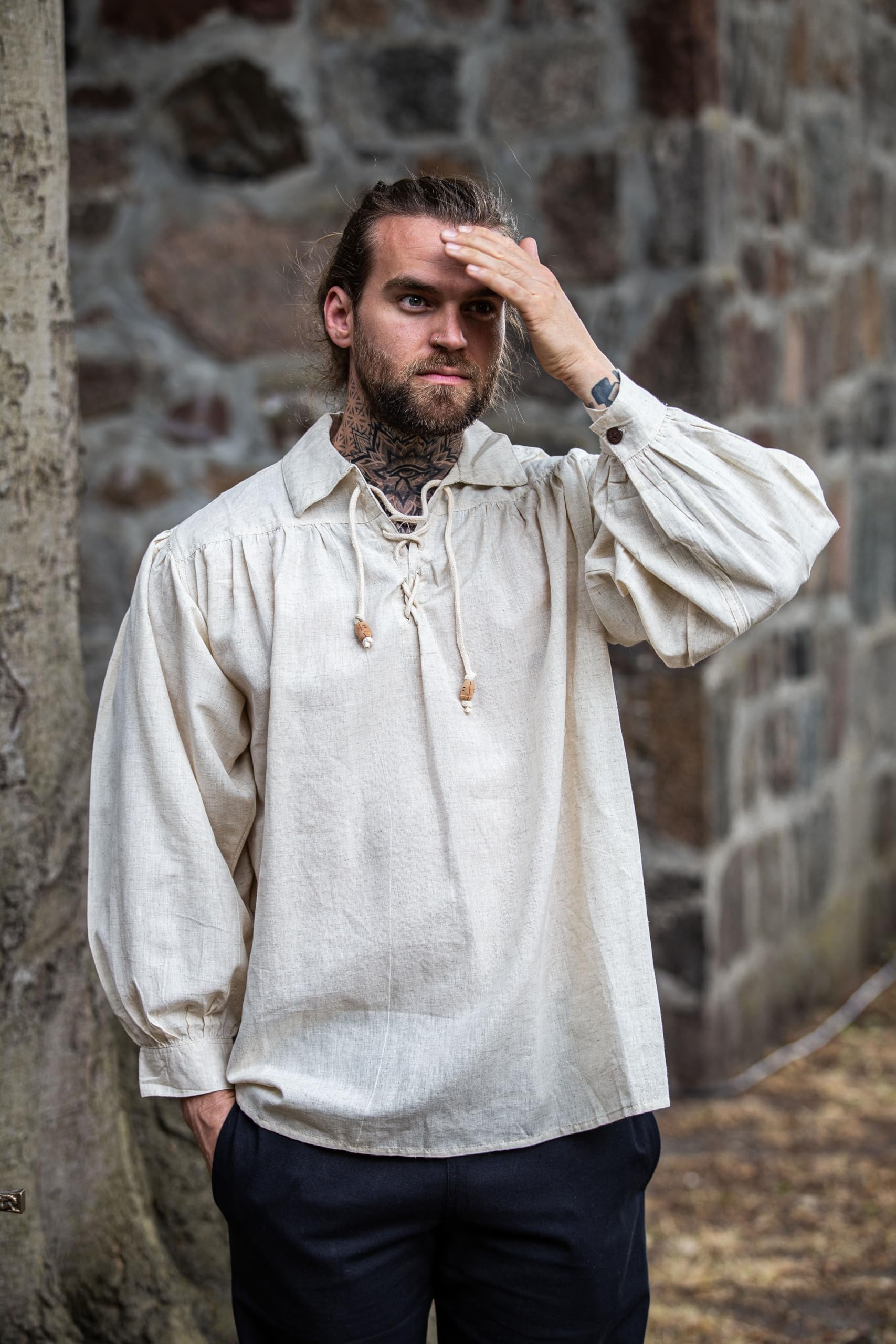 Leonardo Carbone® Koszula piracka Artur z kołnierzem - średniowieczna odzież, średniowieczna koszula męska, odzież LARP, strój festiwalowy, męski kostium pirata, koszule rekreacyjne z długim rękawem