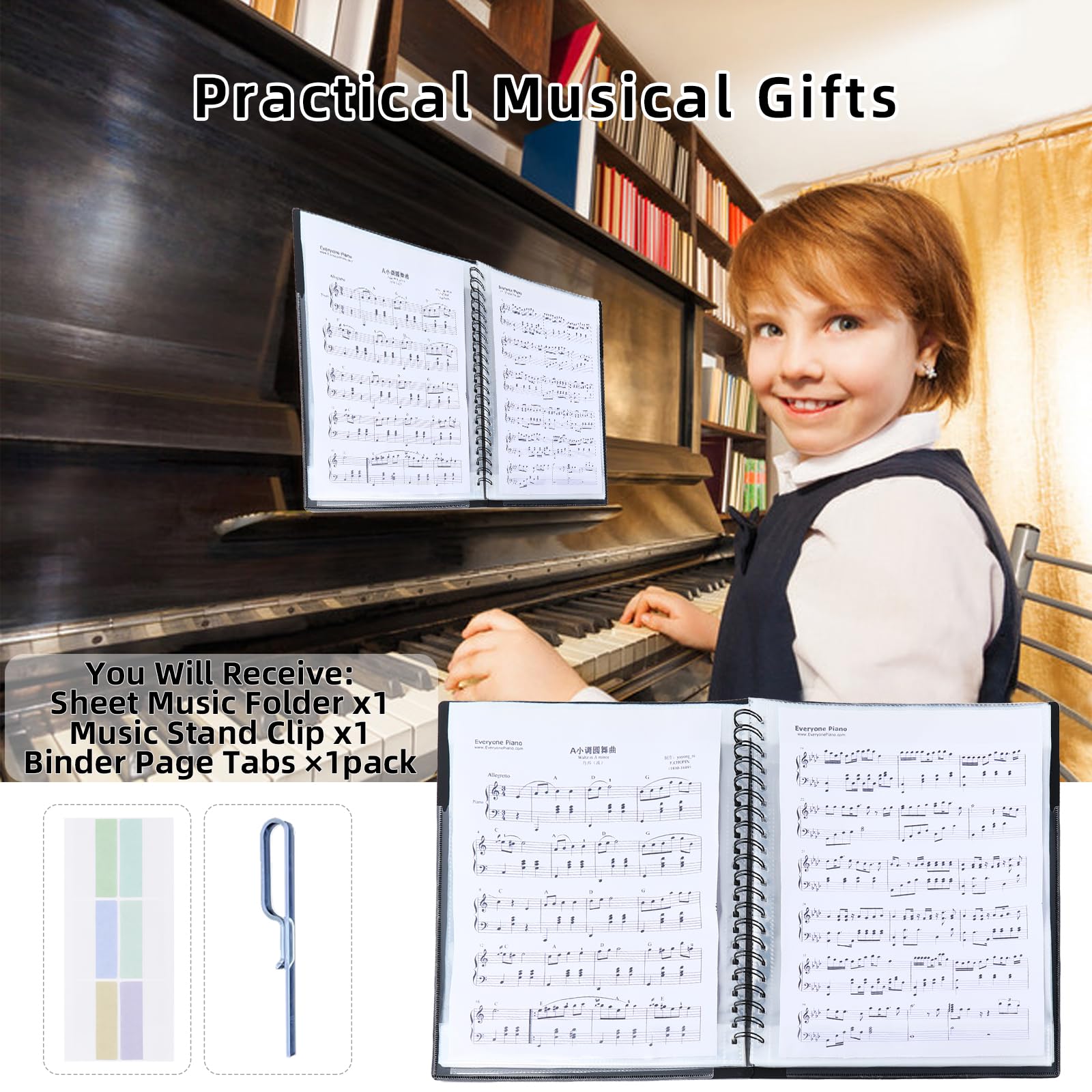 Musfunny Classeur de partitions A4 : 80 pages avec 30 pochettes | Dossier de musique pour piano inscriptible – Organiseur de partitions pour chorale, chanteur, scène, spectacle