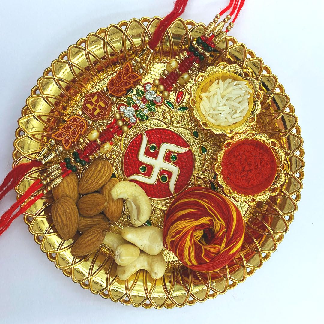 Dry Fruit Rakhi Gift Hamper | 200g Almonds, 200g Cashews with Designer Rakhi, Pooja Thali, Roli, Moli & Chawal | Raksha Bandhan Premium Gift Box for Brother, Bhaiya-Bhabhi & Family 2