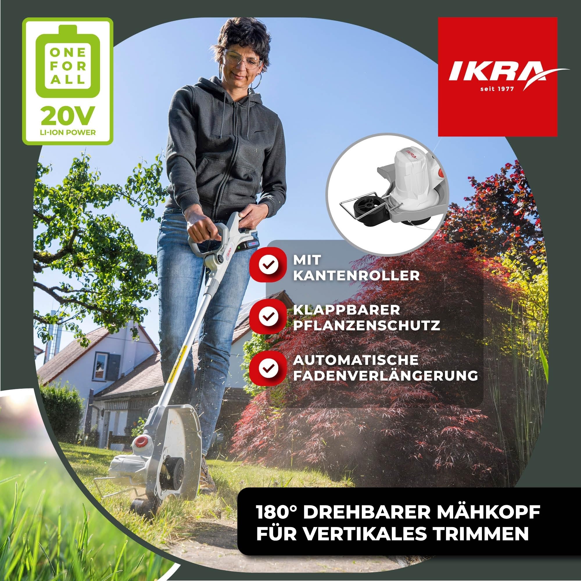 IKRA 2in1 Akku Rasentrimmer Rasenmäher IART 2030 F inkl. 3 Fadenspulen | Inkl. Akku 20V 2,0Ah & Ladegerät, für kleine Rasenflächen, Klicksystem für schnelles Umrüsten, 20 Volt Akku-Familie von IKRA
