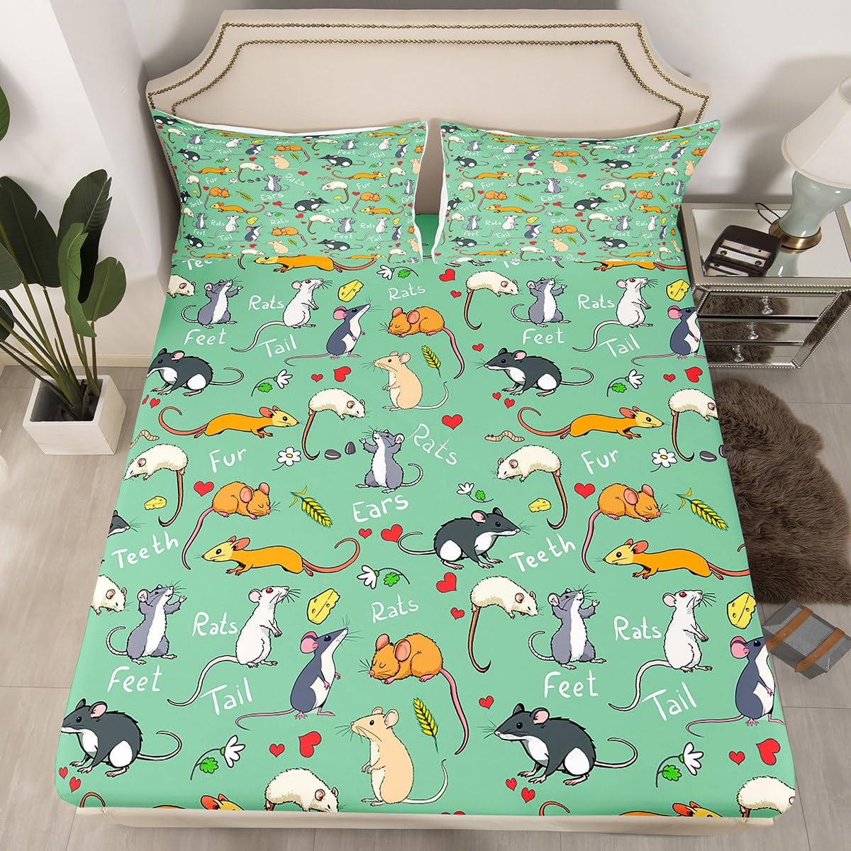 Erosebridal Kids Rat Sheet Set Full Size Mouse Rodents Bedding Set Funny Animal Love Heart Fitted Sheet for Boys Girls Children Cartoon Style Bed