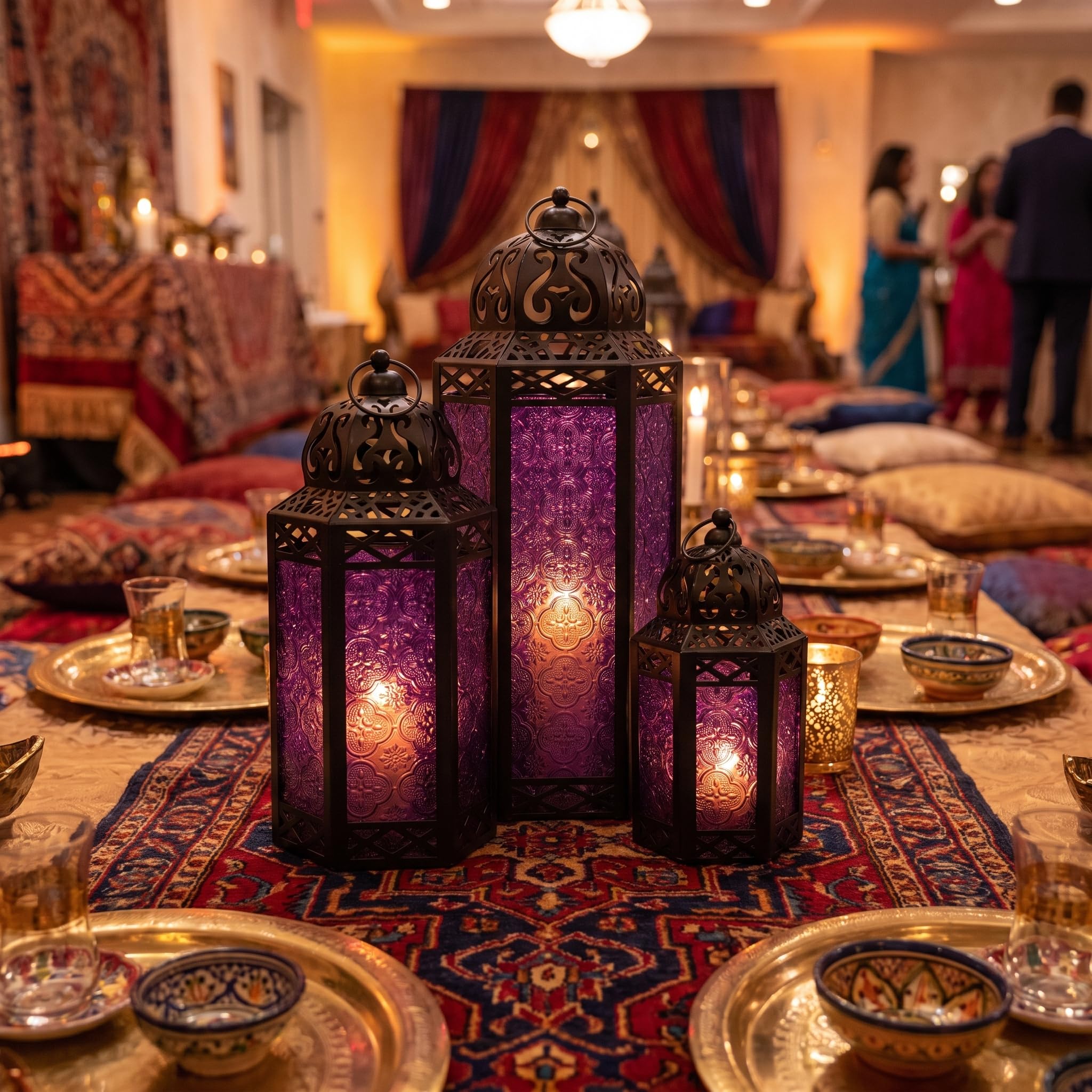Vela Lanterns Zestaw 3 lampionów marokańskie świeczniki dekoracyjne na podłogę Ramadan dekoracja wnętrz dekoracja domu na zewnątrz patio ganek Halloween ślub fioletowy kolor