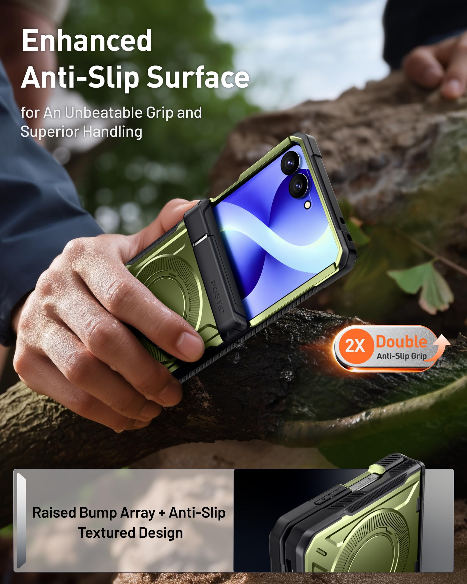 Poetic Spartan - Custodia protettiva per Samsung Galaxy Z Flip 8, con cerniera, compatibile con MagSafe, pellicola protettiva in vetro temperato, robusta, antiurto, con cavalletto, colore: verde