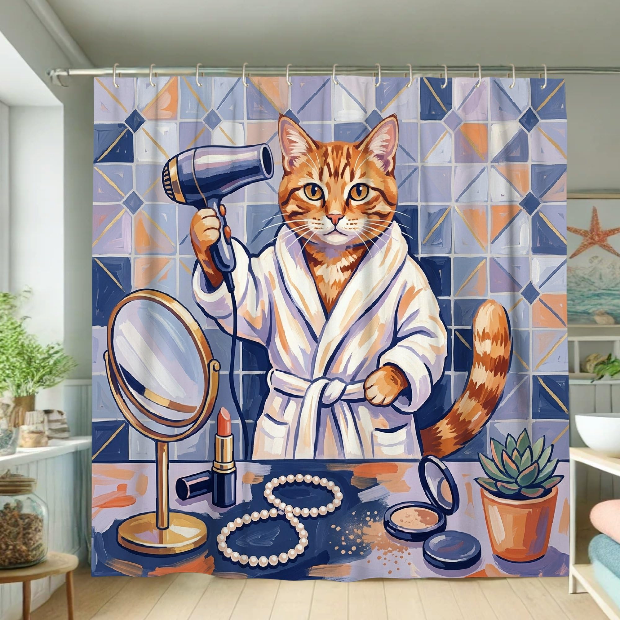 Rideau de douche contemporain fantaisiste orange 183x183 cm salle de bain
