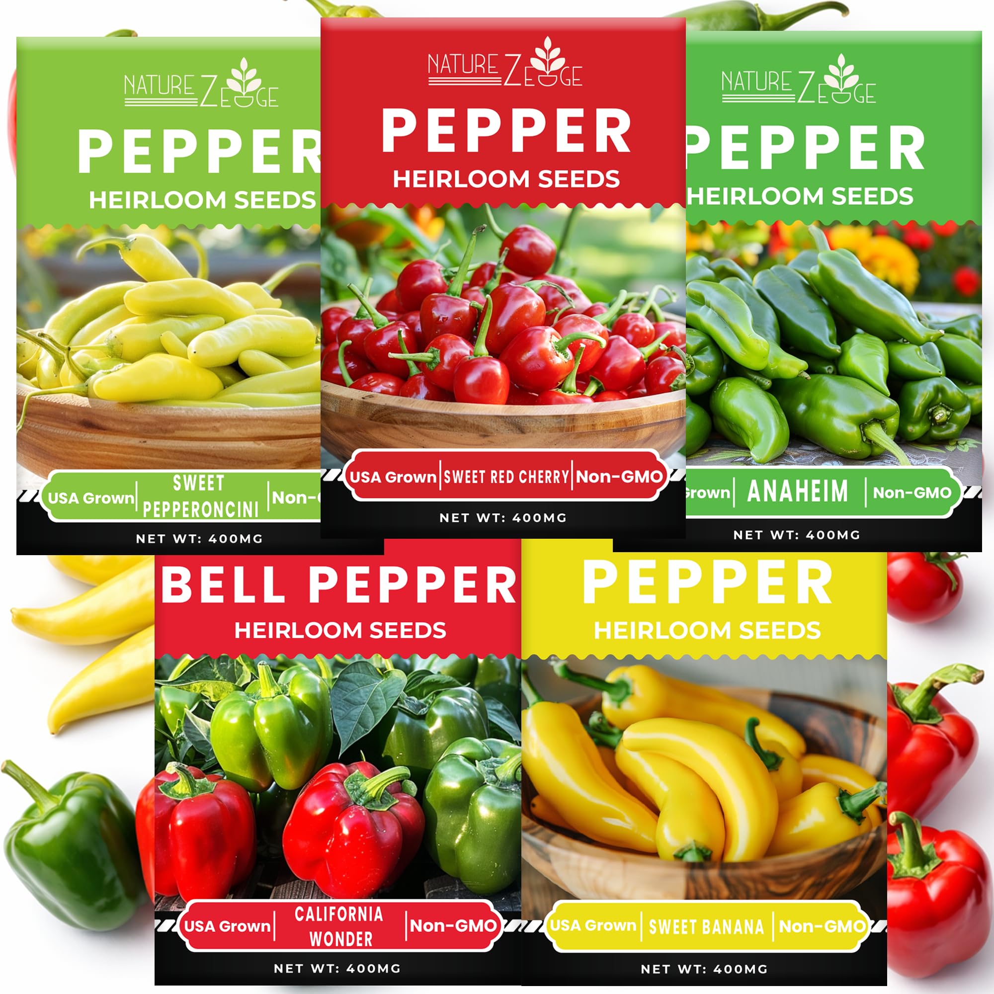 Sweet Pepper Seeds for Planting, Sweet Banana Pepper Seeds, Pepperoncini, Sweet Cherry Pepper Seeds, California Wonder Bell Pepper, and Anaheim, Heirloom Pepper Seed Assortment, Non-GMO