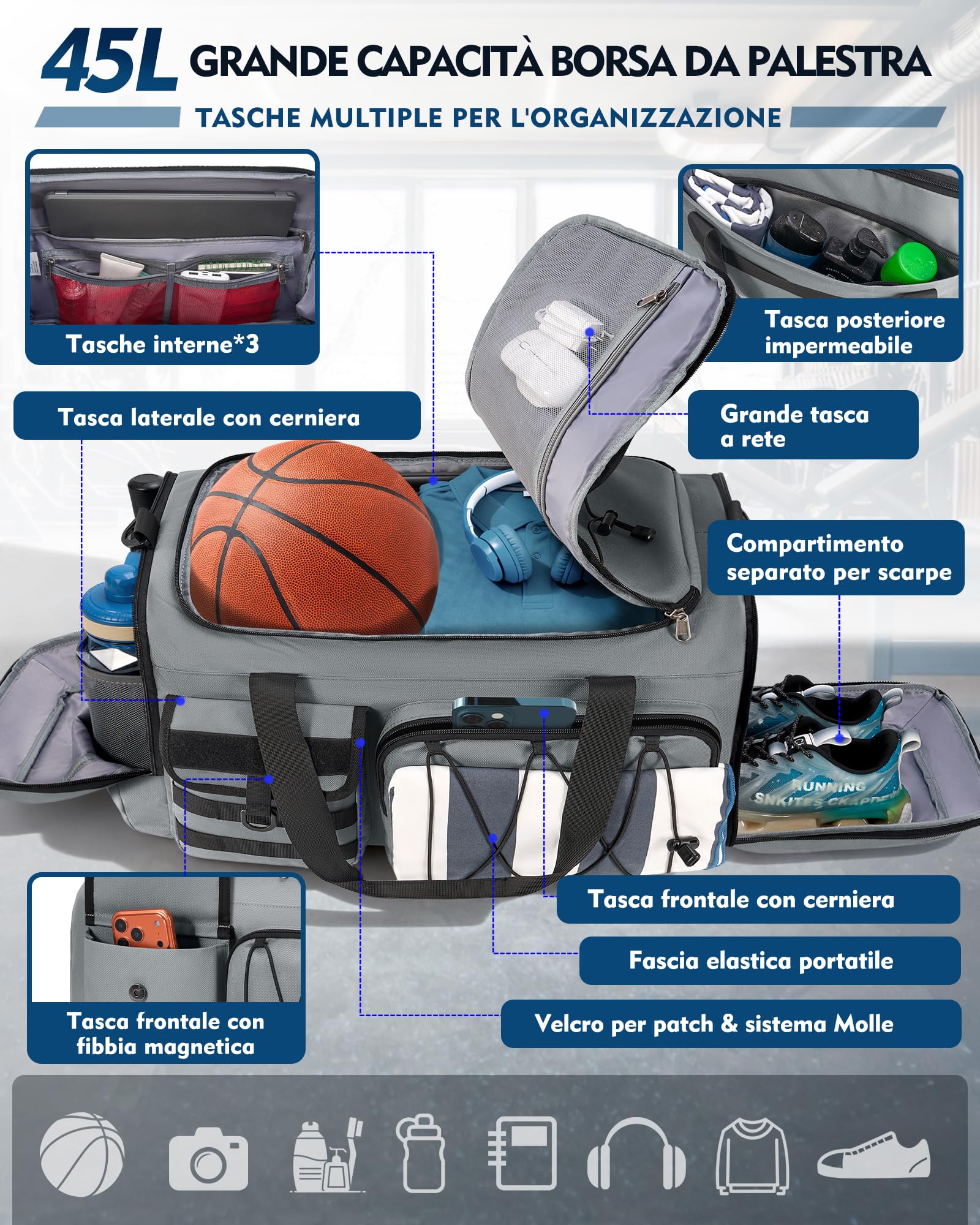 RAINSMORE 45L Borsone Palestra Uomo Donna 3 in 1 Trasformabile in Zaino Borsone da Viaggio con Scomparto Scarpe e Tasca Umida Borsa Sportiva per Fitness Nuoto Yoga Weekend Grigio