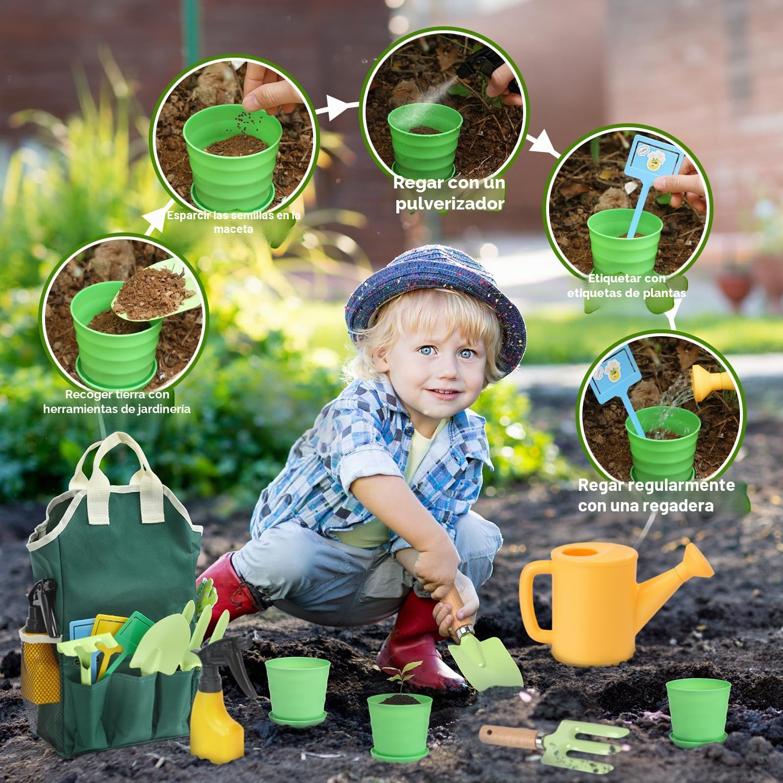 Juego de Jardín para Niños 2 Años con Herramientas Jardinería Kit, Regadera, Pala, Rastrillo, Guantes, Delantal, Pegatinas DIY