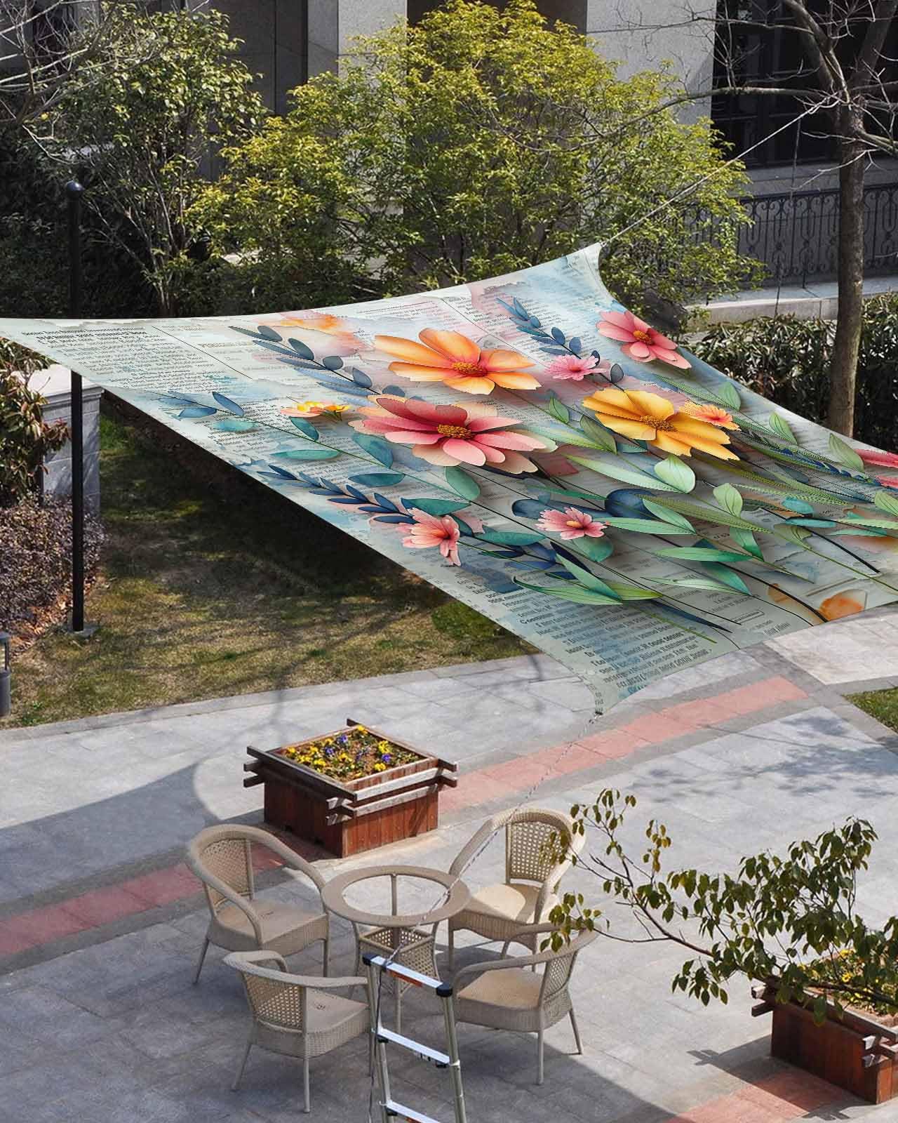 Waterproof Sun Shade Sail Newspaper Art 3D Flower Printing Pattern Outdoor Patio Sun Shades Canopy UV Block Water Resistant Sunshade for Garden Backyard Deck Pergola 12x16 Ft