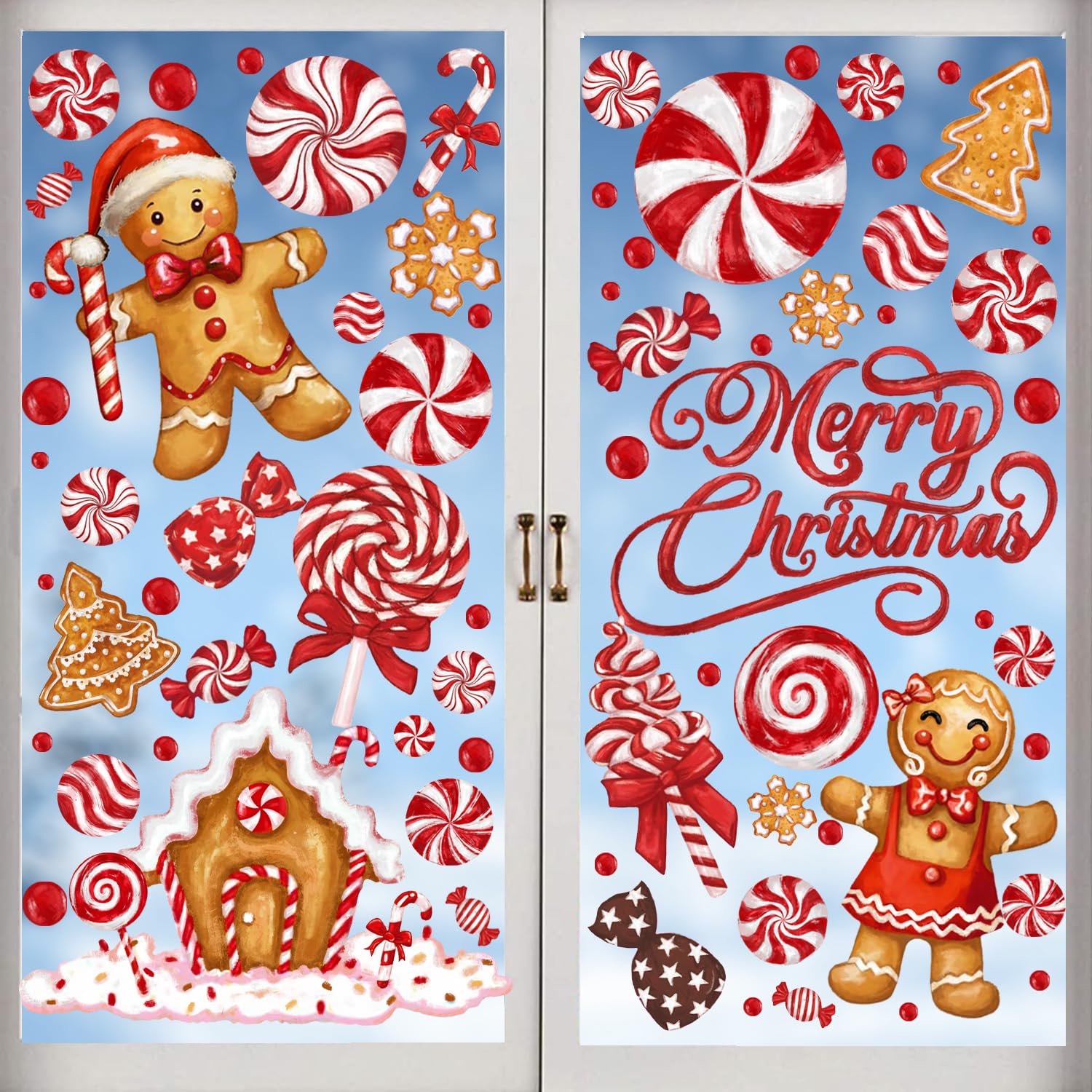 XIMISHOP 6 Sheets Christmas Window Stickers, Red Reusable Double-Sided Christmas Candy Cane Gingerbread Man Candy House Static Window Clings for Xmas Home Office School Window Decoration