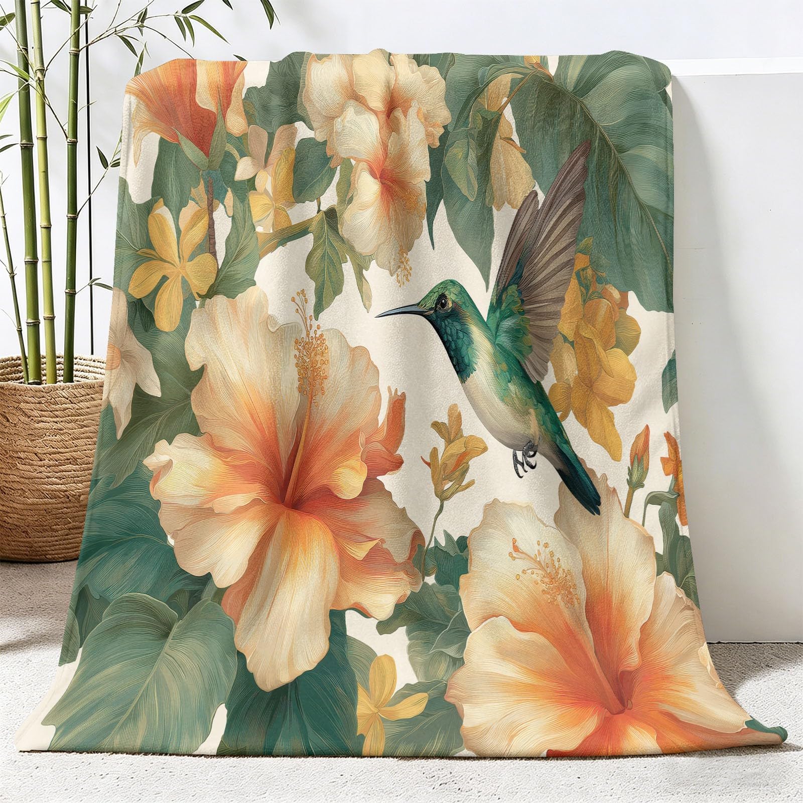 Akwarela kwiatowy koc polarowy 200 x 200 cm, miękki koc ciepło wygodny flanelowy nadruk tropikalne liście kolibra dla dorosłych i dzieci, koce hipoalergiczny, beżowy