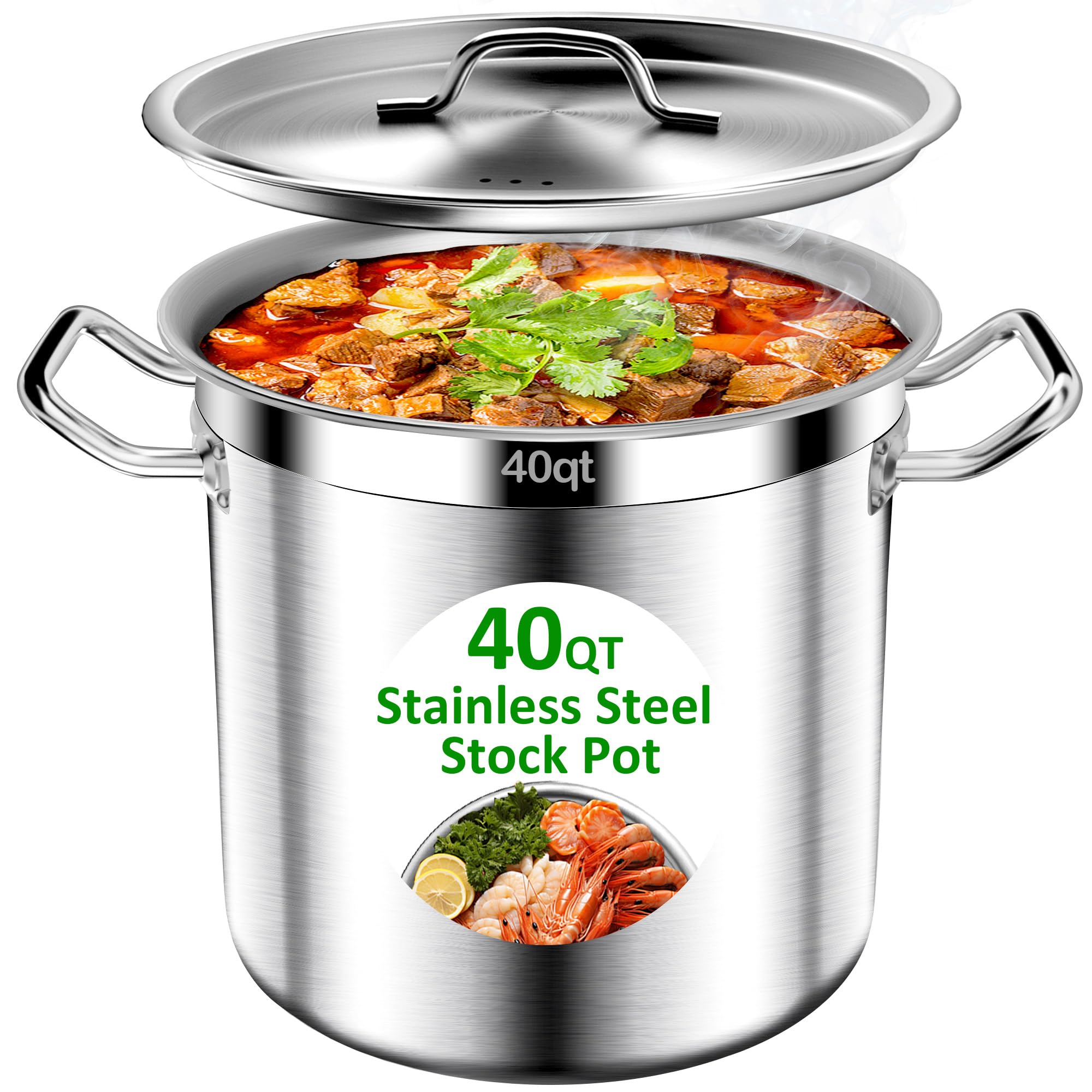 Stainless Steel Stockpot – 40QT Stock Pot with Lid, Heavy-Duty Tri-Ply Bottom Cooking Pot for Canning, Boiling Beer Brewing, Soup, Seafood Boil – Satin Finish Stainless Steel Soup Pot