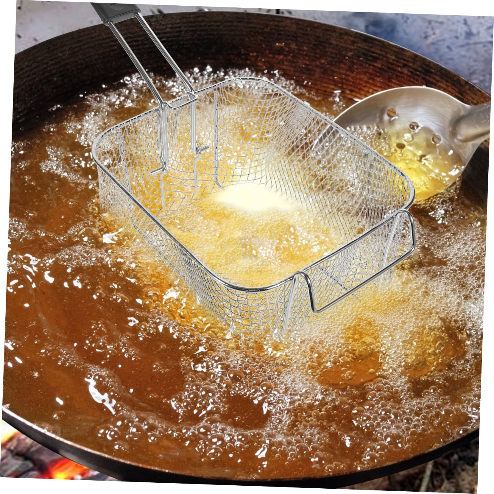 Mobestech Cesta para Freír Cuadrada De Acero Inoxidable 25x25 Cm con Mango Ergonómico Antideslizante para Freidora Cocina Restaurante, Cesta De Patatas Fritas y Pollo Frito