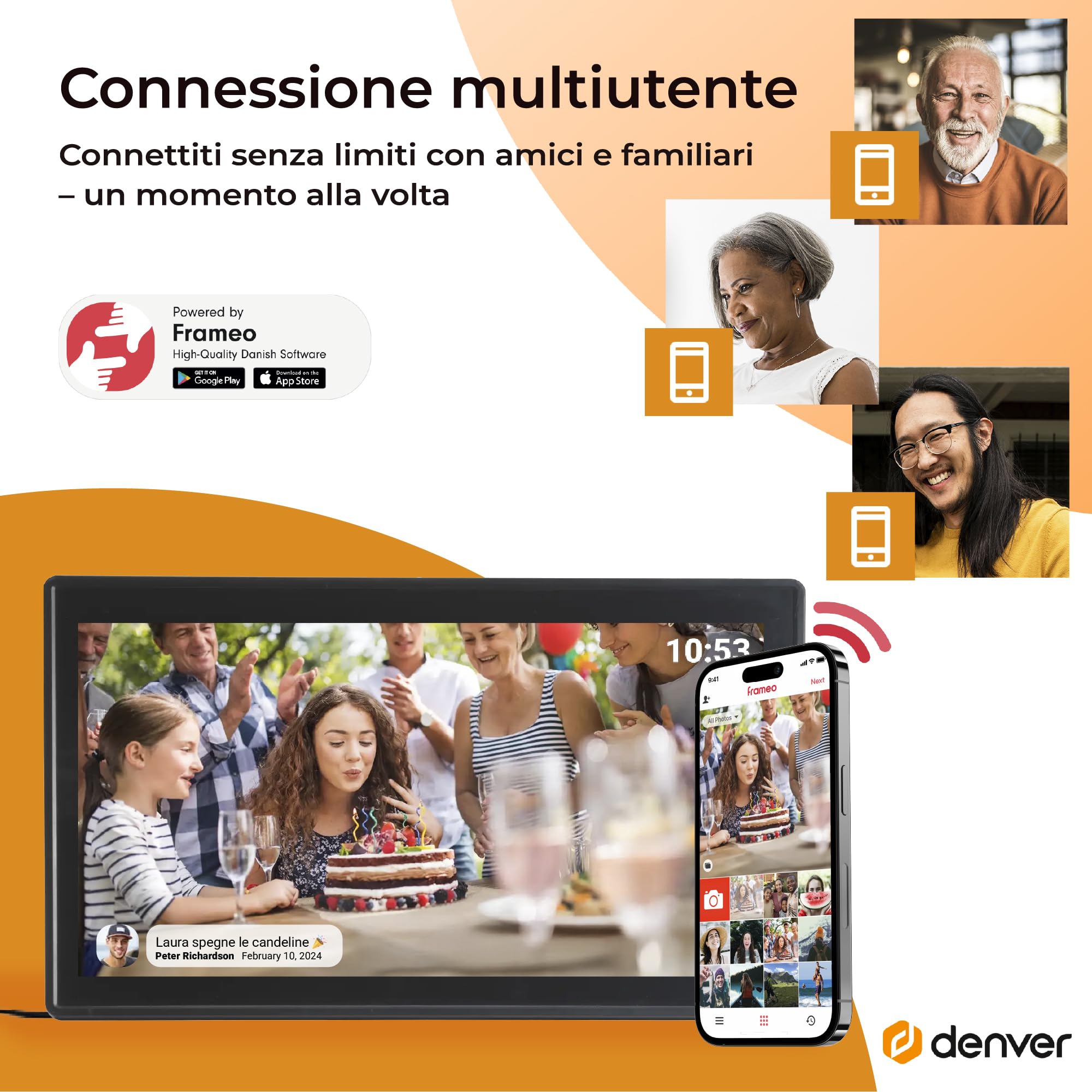 Denver PFF-1515B - Cornice digitale Wi-Fi - Schermo touch screen Full HD IPS da 15,6 pollici, software FRAMEO integrato, condivisione wireless, spegnimento notturno automatico, memoria da 16 GB, nero