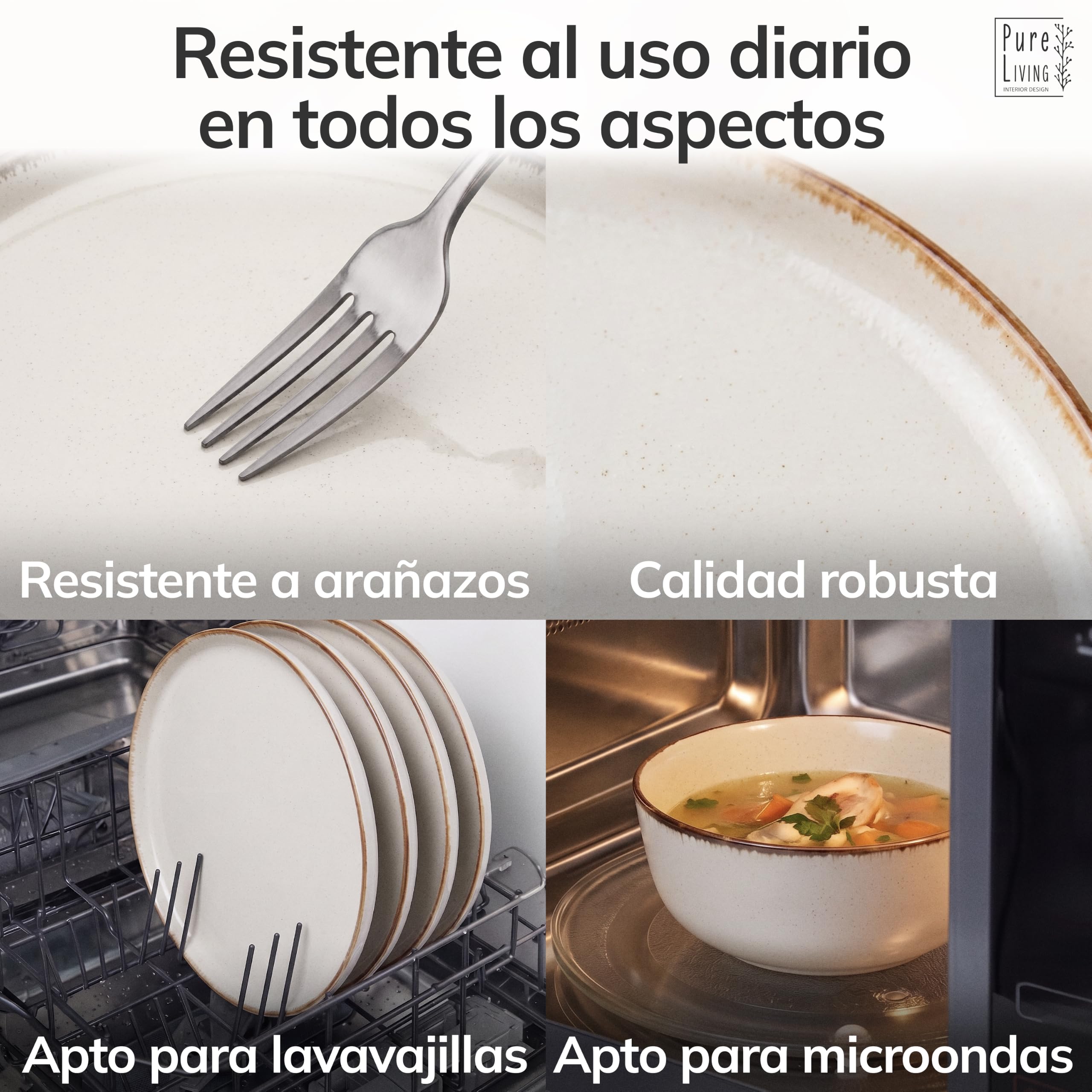 Vajillas para 6 Personas, Set de Steingut Rustic de 24 Piezas - Diseño Rústico y Moderno, Apto para Lavavajillas - Juego de Platos y Cuencos - Vajilla Pure Living en Color beige