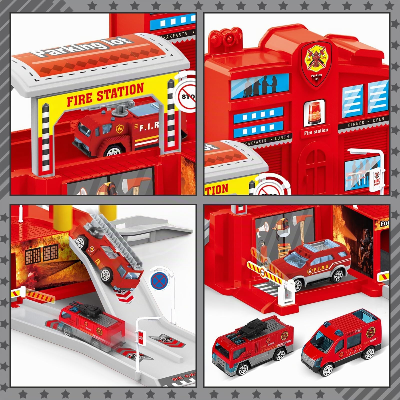 deAO Poste de Pompiers avec Camion de Pompiers, Hélicoptère, Construction d'un Bureau de Pompiers, Ensemble de Base Pompier pour Enfants avec Carte pour Garçons et Filles à partir de 4 5 6 7 Ans