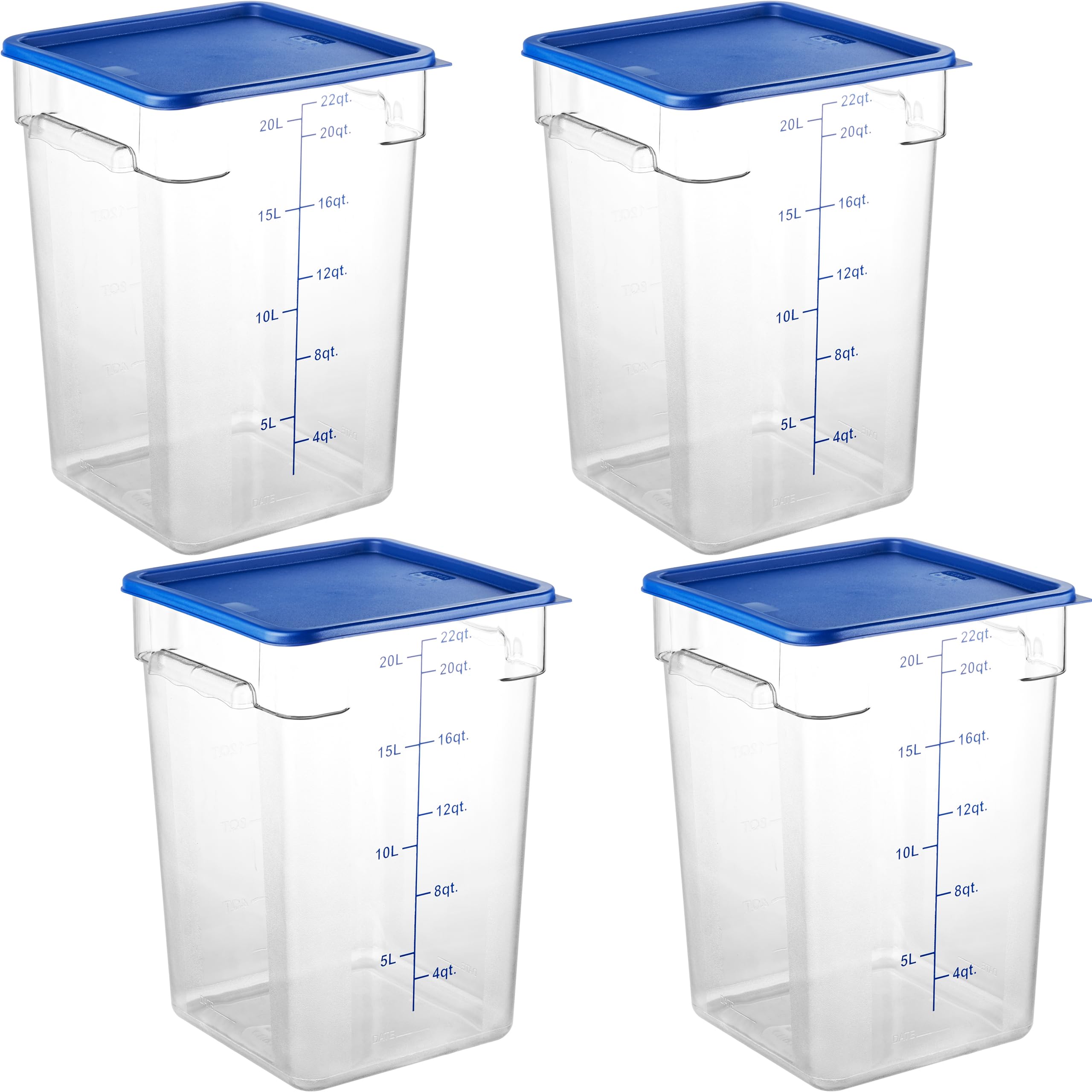 CURTA 4 Pack Food Storage Containers with Blue Lids - NSF Listed Commercial Grade in 22.0 Qt - Square, Clear, Polycarbonate