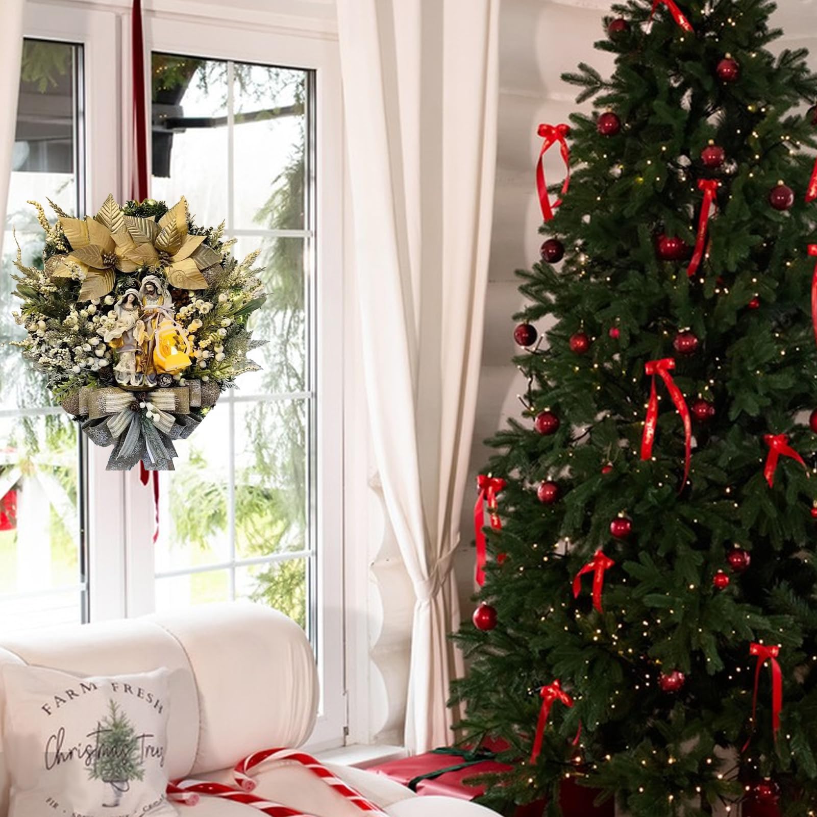 Couronne De Noël pour Porte Décoration De Couronne Lumineuse De Fête | Ornement De Fenêtre De Fête Pour Extérieur Intérieur Cheminée Manteau Porche Fenêtre Porte Table Soirée Noël