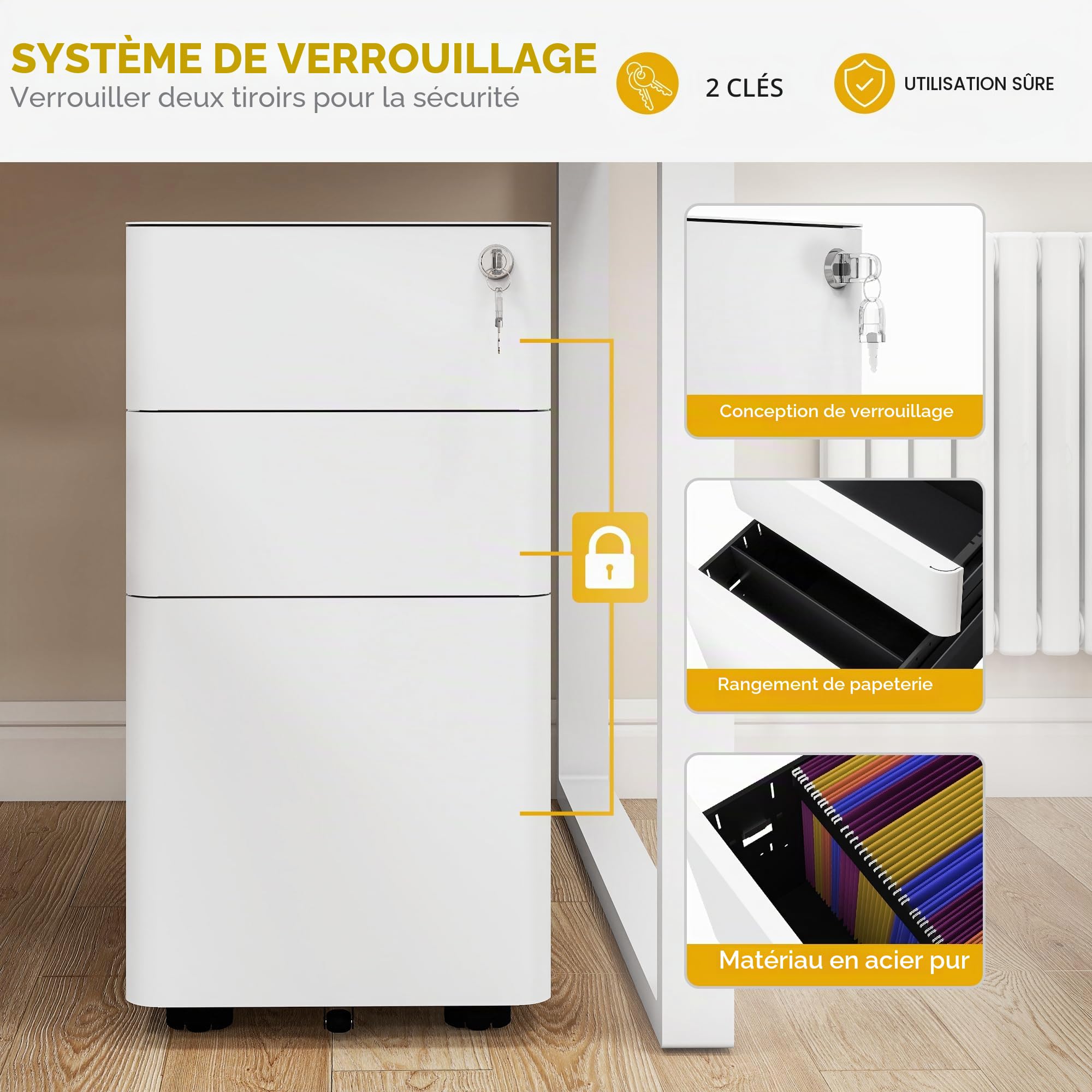 DWVO Armoire de Rangement à 3 tiroirs verrouillables avec clés - Compacte et Portable - en métal - pour Format A4/Lettre/légal - 30 x 45 x 61 cm - Blanc