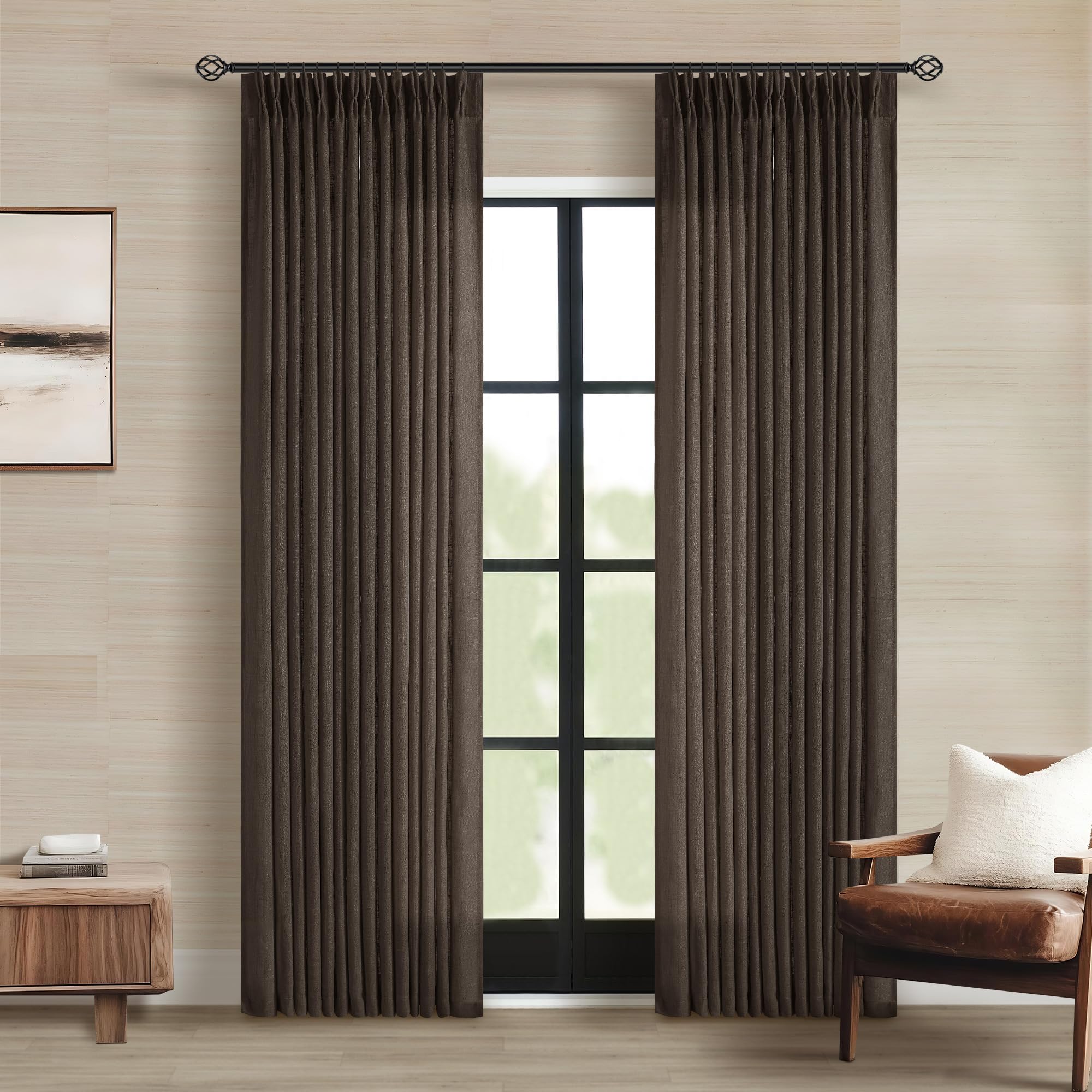 Dark Chocolate 84 Inch Pinch Pleated Semi Sheer Linen Curtains 2 Panels