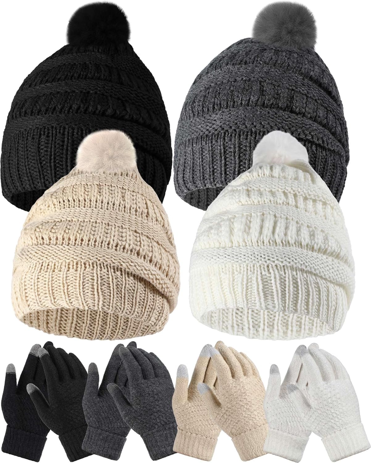 Suhine 8 Pcs Winter Beanie Hat and Gloves Set for Women Pompom Beanie