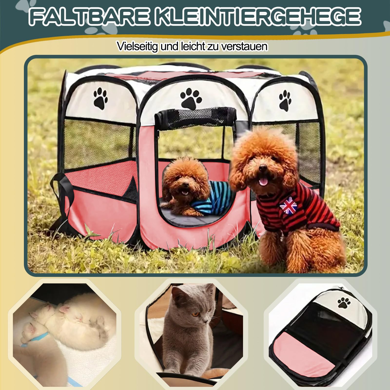 Welpenauslauf Faltbare Hundebox - 74x74x43cm Welpenlaufstall Faltbare hundezelt Katzengehege für Drinnen Outdoor Hundekäfig Kaninchen Laufstall Katze Hund Katzenzelt Kleintiergehege (Rosa)