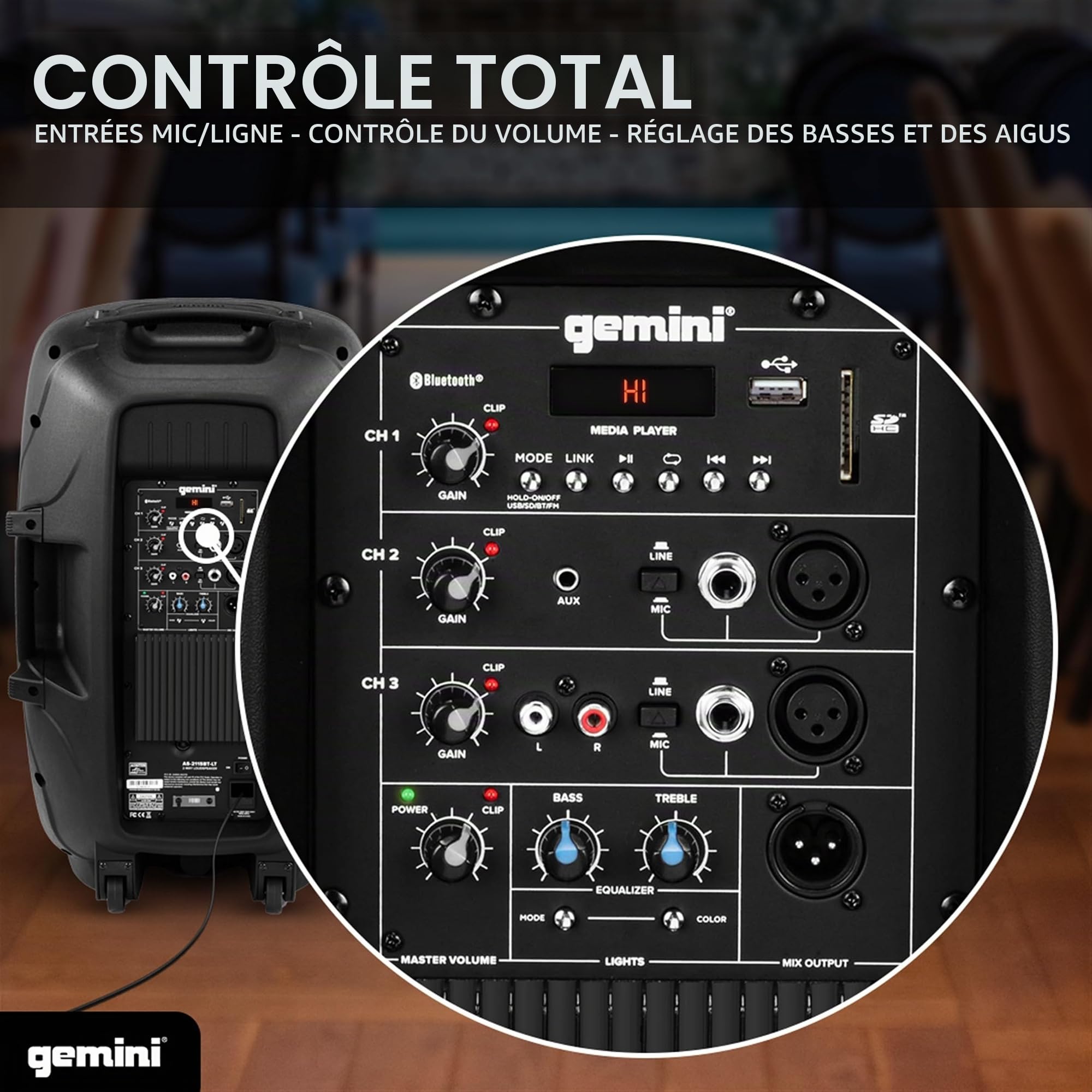 Gemini Sound AS-2115Bt-Lt – Enceinte de sonorisation active DJ Bluetooth de 2000W avec woofer 15”, Eclairage festif à LED, Sd, USB, Entrée/sortie XLR§, 2x 6,3mm Microphone/RCA et entrées AUX, Tws