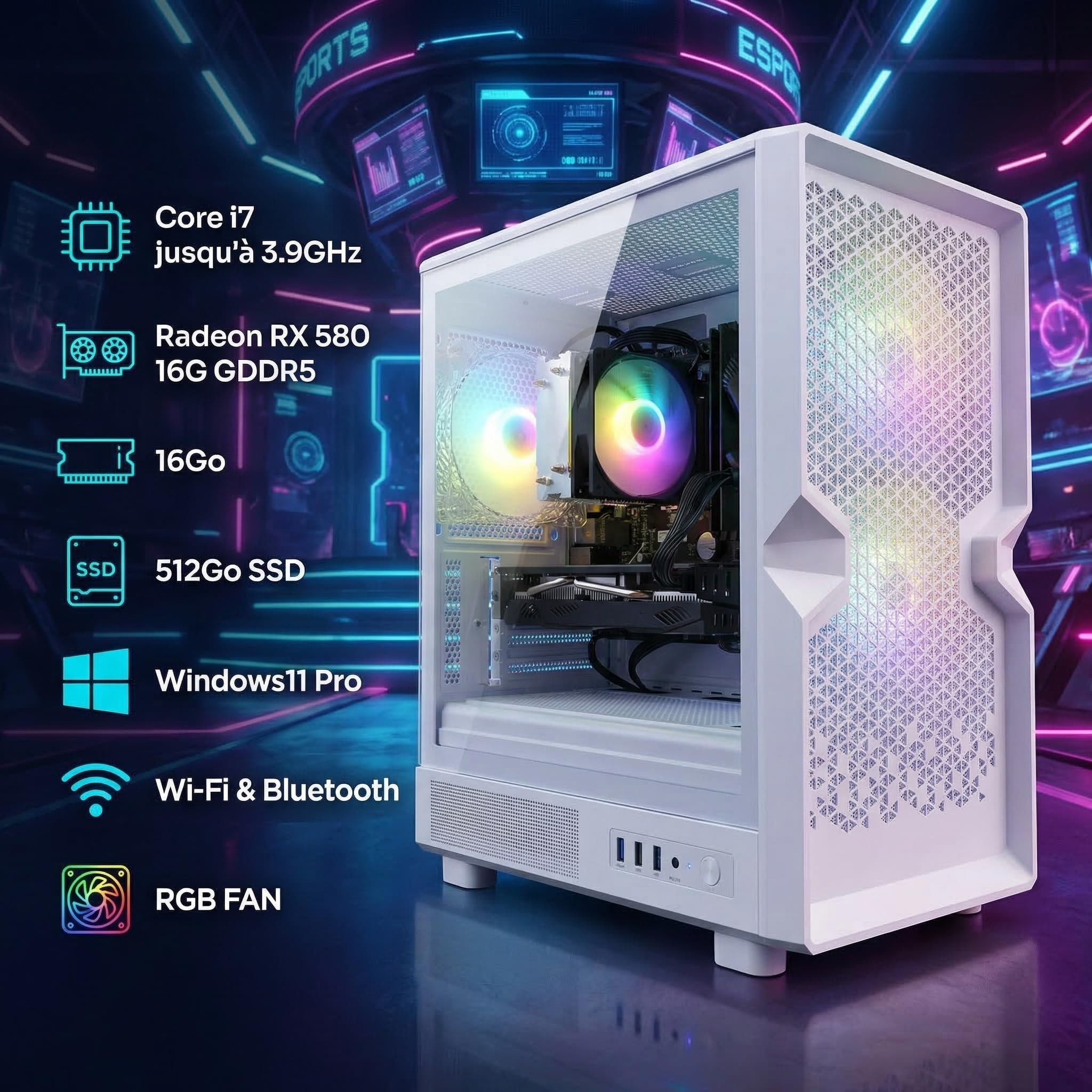 STGsivir Gaming PC, Core i7, RX 580 16G, 16G RAM, 512G SSD | Gaming Computer für Streaming,Videobearbeitung,Hausaufgaben, bis zu 3.9 GHz, WLAN, BT 5.0, 4K,HDMI,DP, Win11 Pro, ARGB