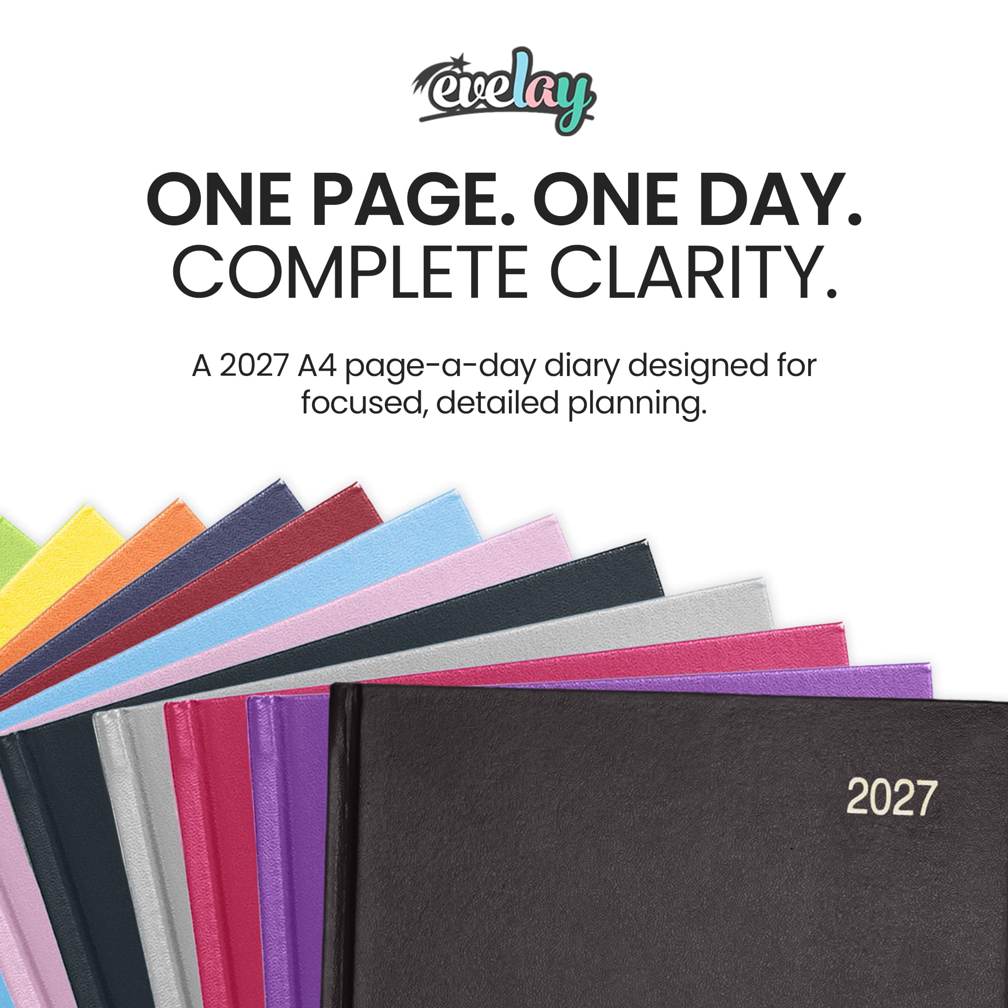 evelay Agenda de 2025, tamaño A4, una página por día, con tapa dura, año completo, calendario diario, color negro (idioma español no garantizado)