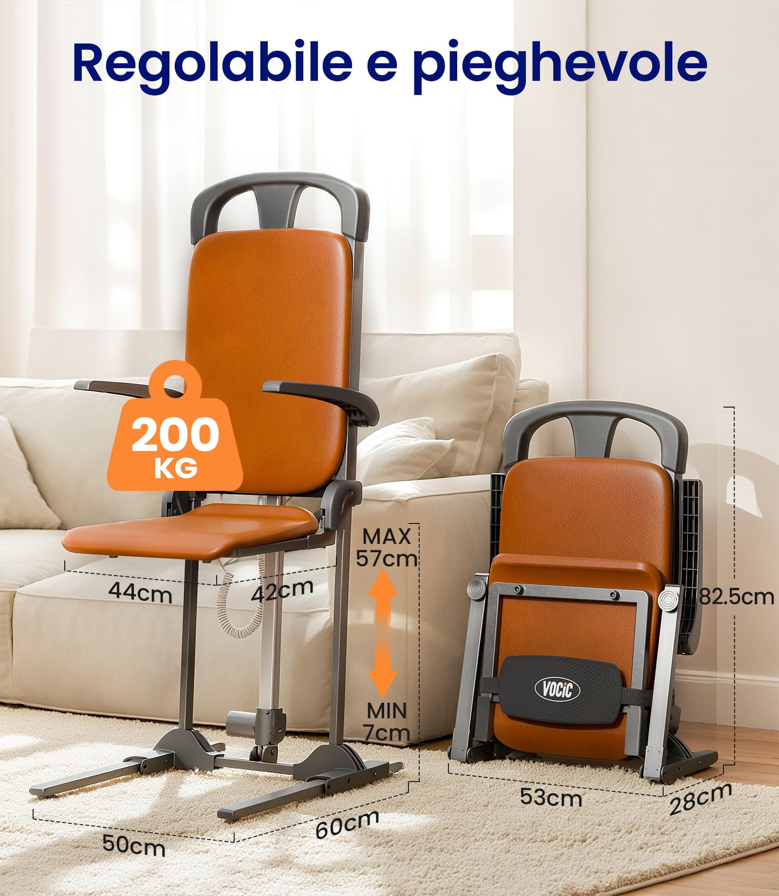 VOCIC Sollevamento per anziani, sedia elettrica rialzata, robusto telaio in acciaio, pieghevole e mobile, portata fino a 200 kg, colore: arancione