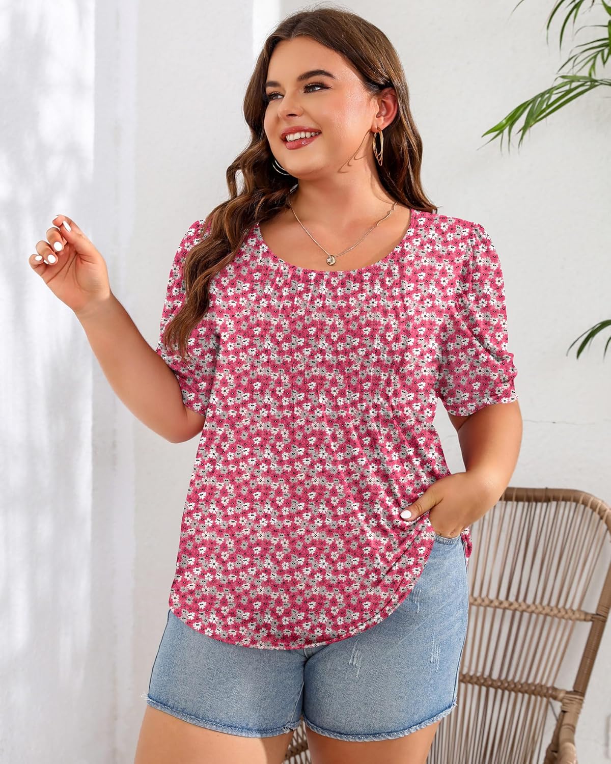 Ficerd Women's Plus Size Puff Short Sleeve Tunic Tops Crew Neck Pleated Blouses Summer Casual T Shirt Blouse 1X-5X - Image 5