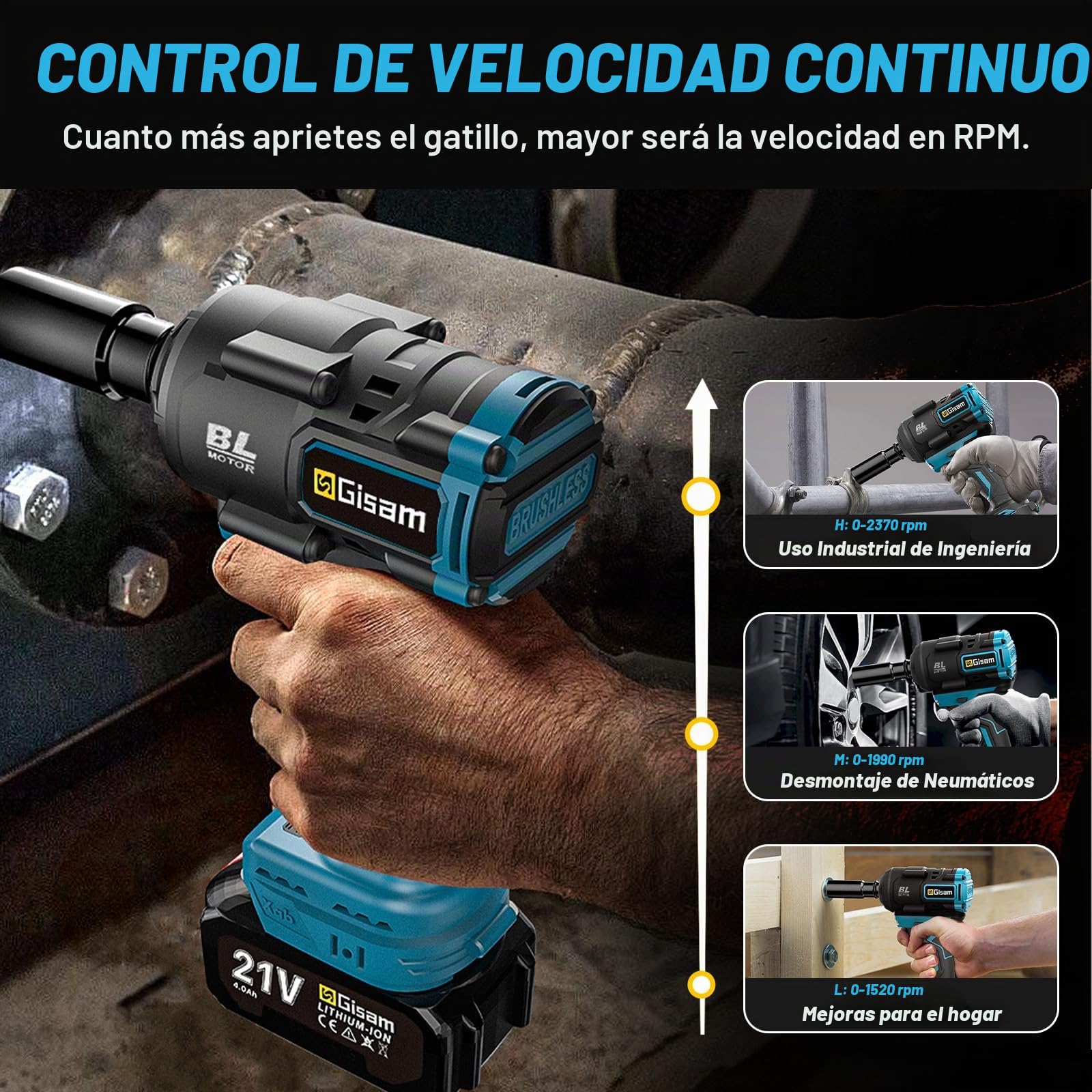 Gisam Llave de Impacto Con Batería de 1200 NM, Con Baterías de 8000 MAh Y Cargador Rápido, 1/2 Sin Escobillas, Cambio de Neumáticos con 5 Llaves de Vaso Para Coches, Andamios (2 baterías)