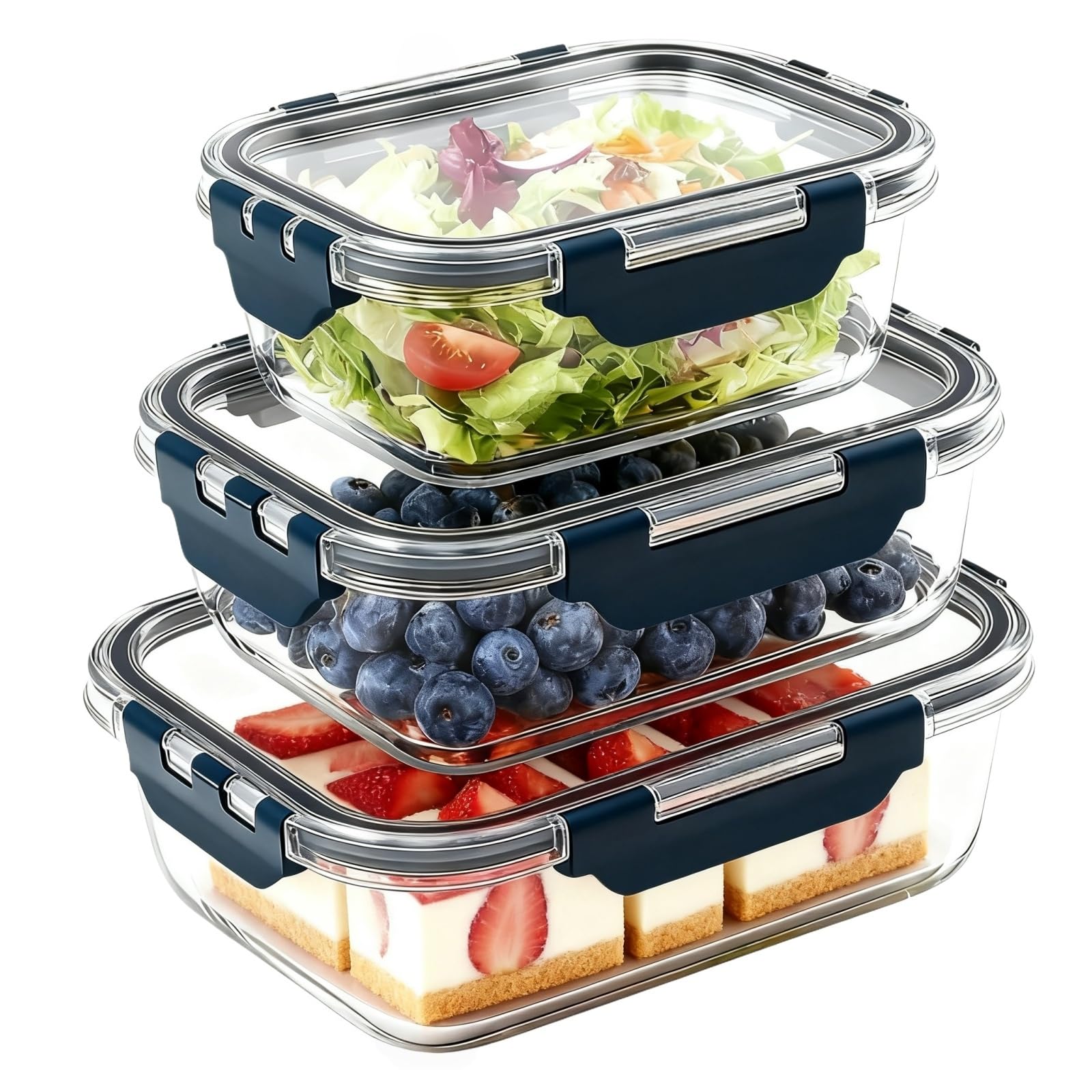 Siocok 3Pack - Rectangular 3 Pack Glass Meal Prep Containers, With Airtight Lids, Round Leakproof Lunch Box, Stackable Glass Food Storage Containers Set, Freezer, Ov-En, Microwave & Dishwasher Safe (3Pack - Rectangular)