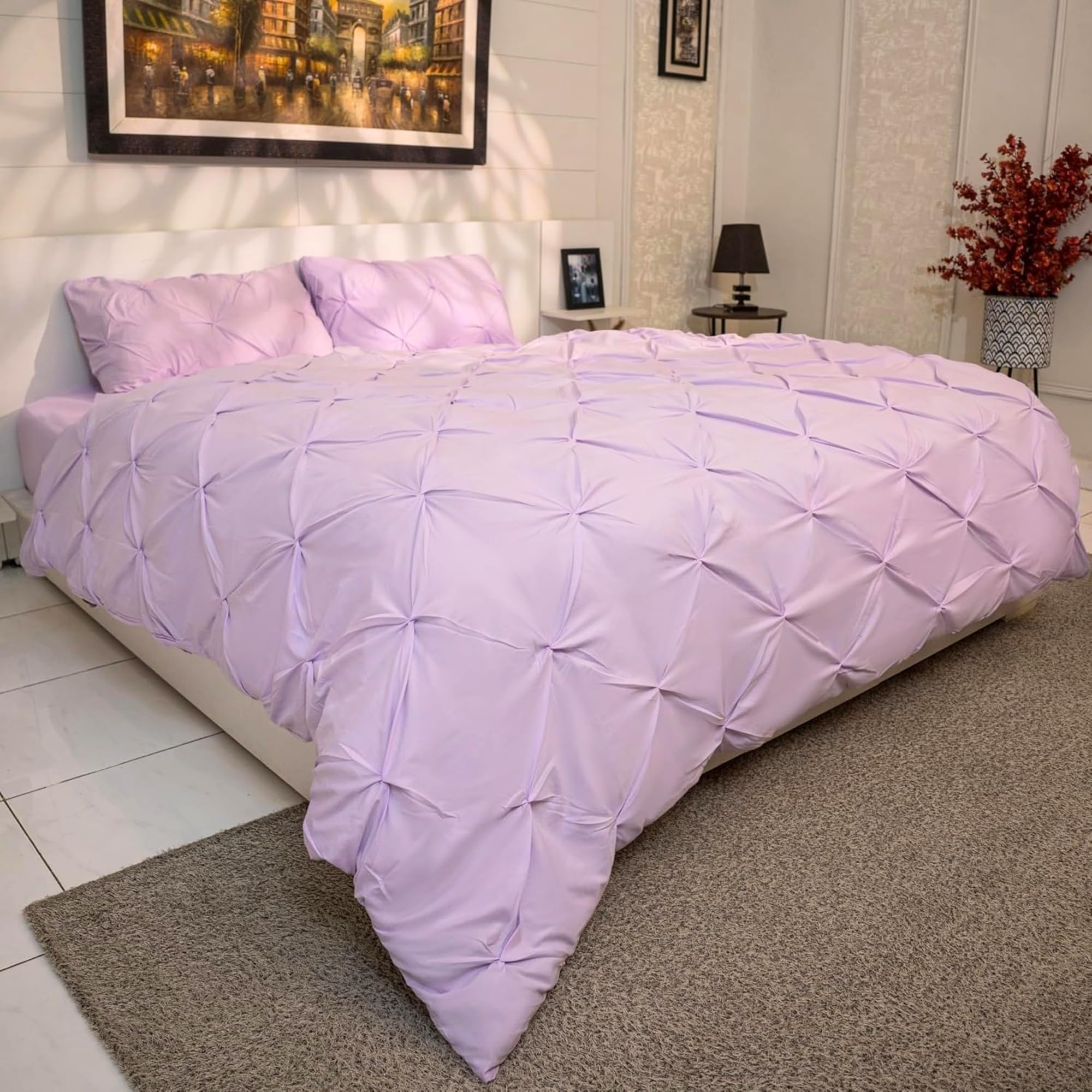 Q&H Double Duvet Cover Set Pillow Pair Cases - Soft Polyester Microfiber Breathable & Washable Comforter Sets - Ultra Soft Comfy Quilt Cover Pintuck Design (Lilac, Double 200x200cm)