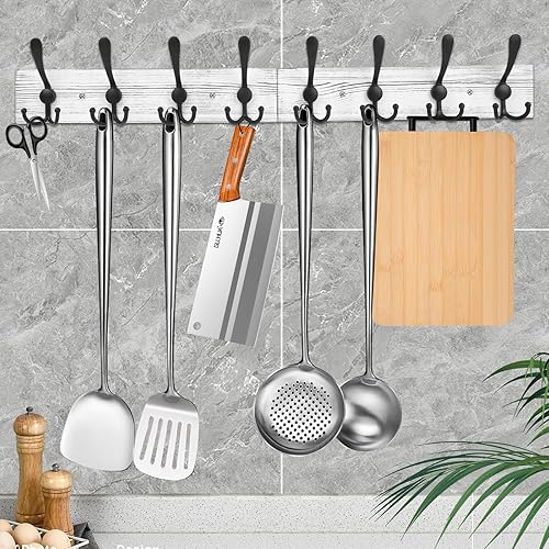 Miniatura 7 de IBosins Perchero montado en la pared, 31-25 pulgadas de largo, perchero colgante de entrada, perchero de madera de metal con 8 rieles rústicos