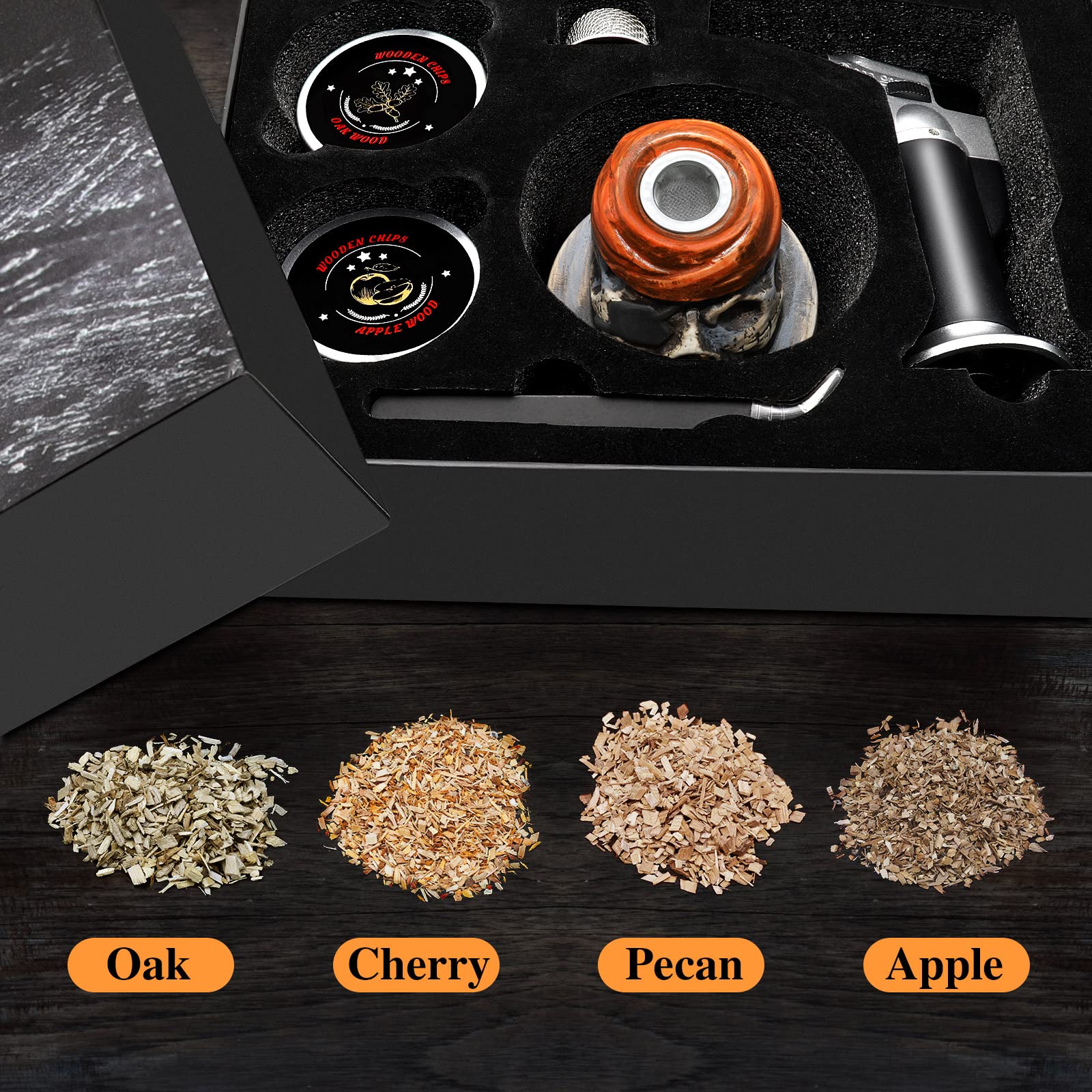 Kit Fumoir à Cocktail Avec Torche - 8 Saveurs De Copeaux De Bois - Accessoires Pour Whisky Et Boissons Fumées