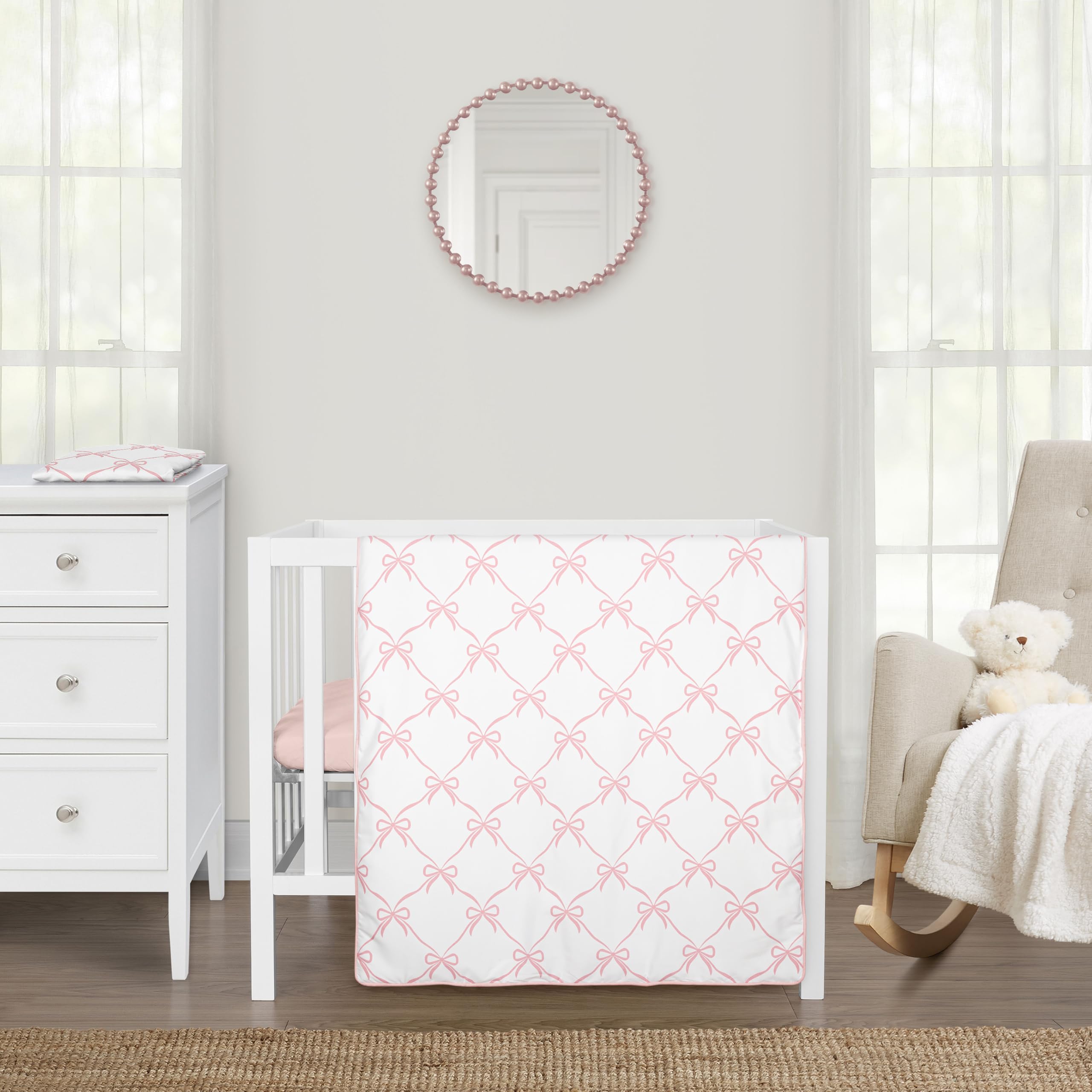 Sweet Jojo Designs 3-Piece Baby Mini Crib Bedding Set (Pink Bows) for Girls, Infants/Nursery incl. Blanket &amp; Portable Pack n Play Fitted Sheets (Bow for Ballerina, Ballet Dancer, Princess Collection)