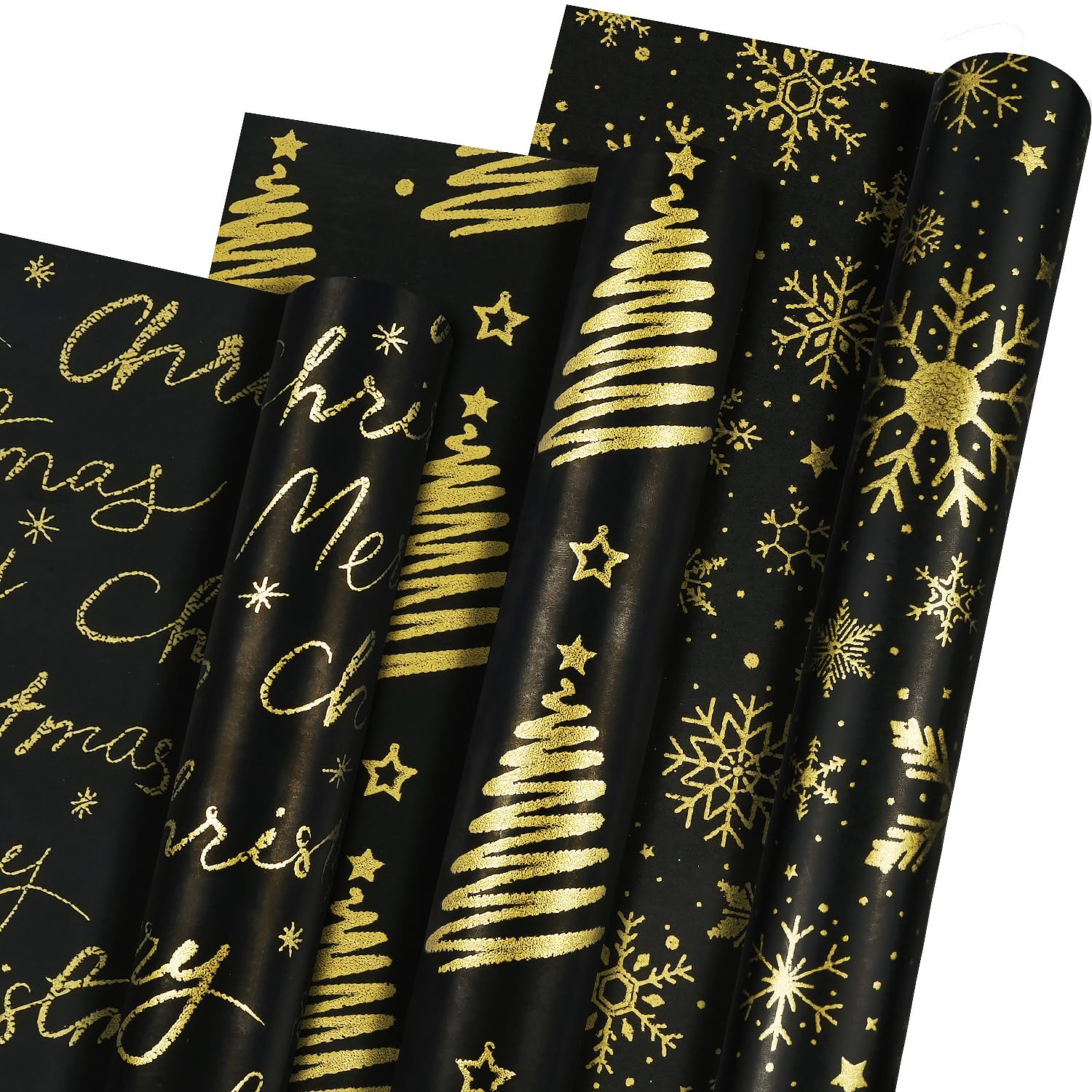 MAMUNUChristmas Wrapping Paper Roll, 3 Mini Rolls - Black and Gold Foil Gift Wrapping Paper, Snowflake Christmas Tree Wrapping Paper for Christmas Holiday New Year, 17 x 118 Inch Per Roll