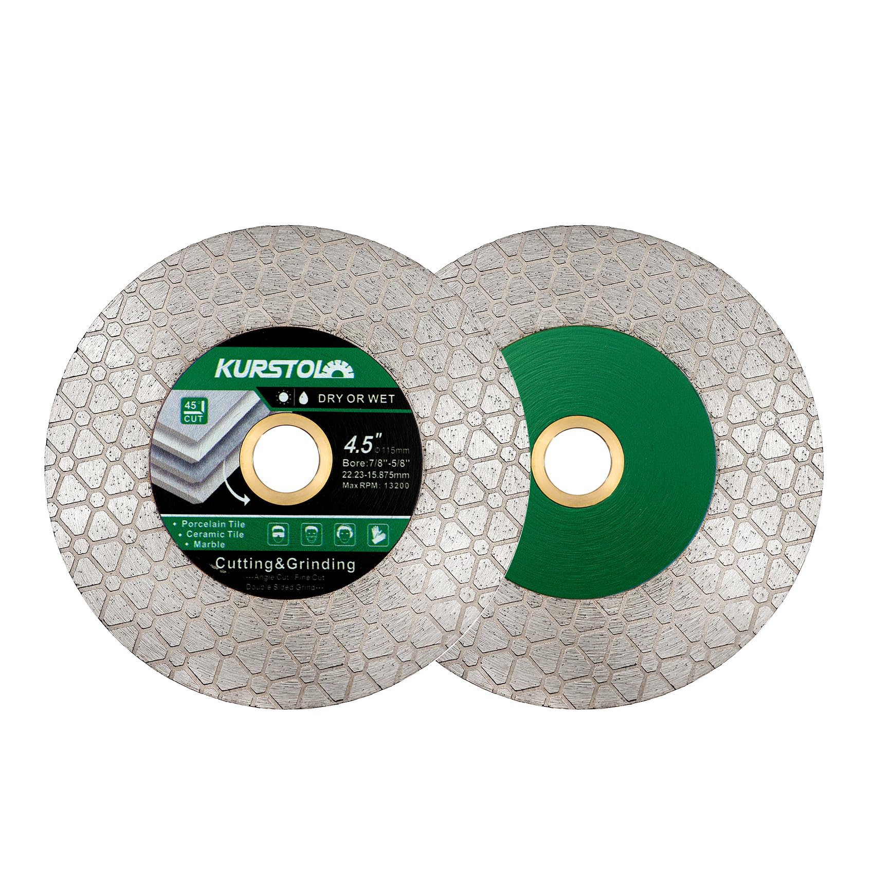 KURSTOL Diamond Cutting Disc - 2PCS 4.5"/115mm Dual-Purpose Tile Diamond Saw Blade,Angel Grinder Blade Arbor 7/8"-5/8" for Cutting and Grinding
