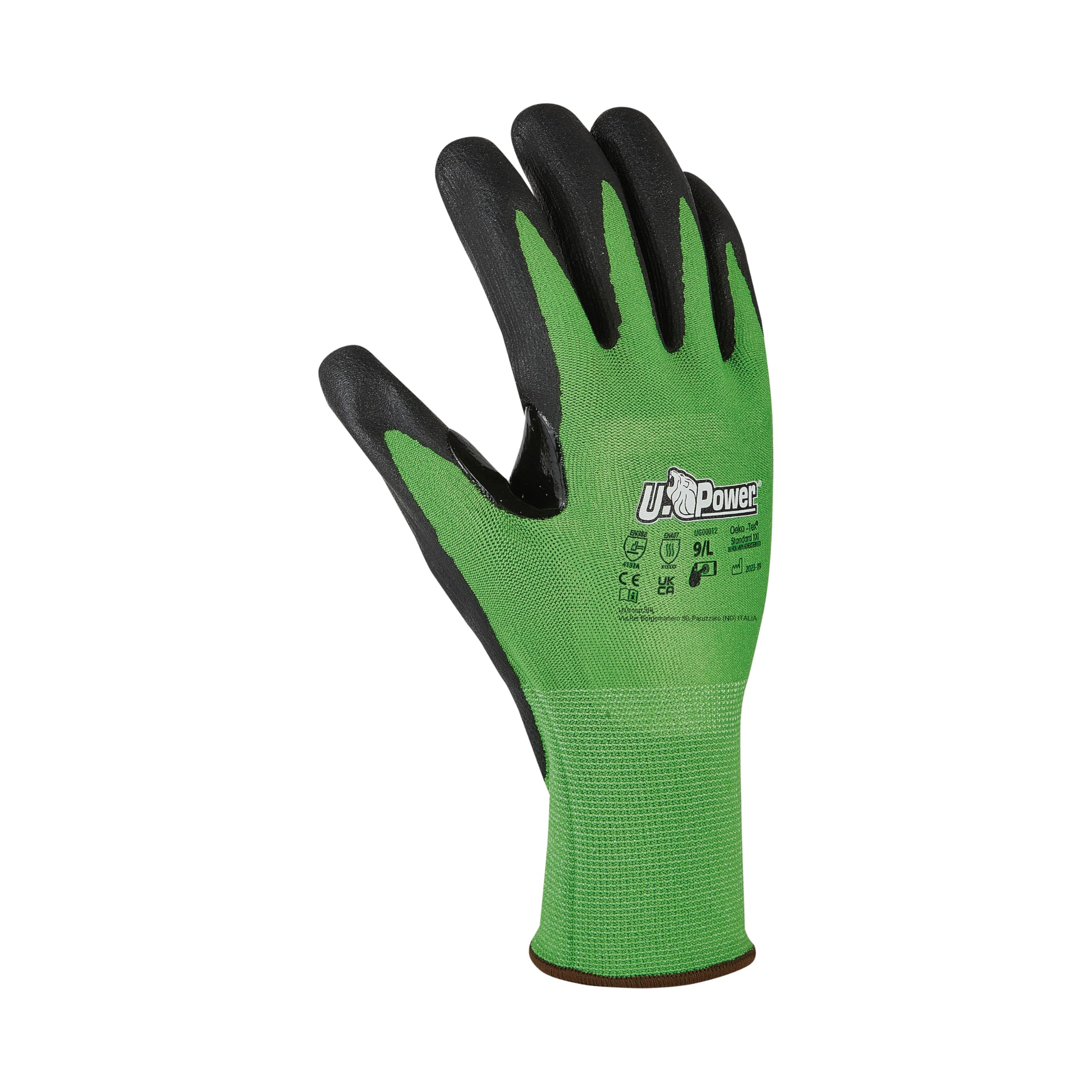 U Power Kalix Guantes de Trabajo de Seguridad Soporte de Poliéster y Spandex Recubrimiento de Nitrilo Reciclado Resistencia a la Abrasión Protección de Riesgos Térmicos Mecánicos Verde 10/XL 12 Pcs