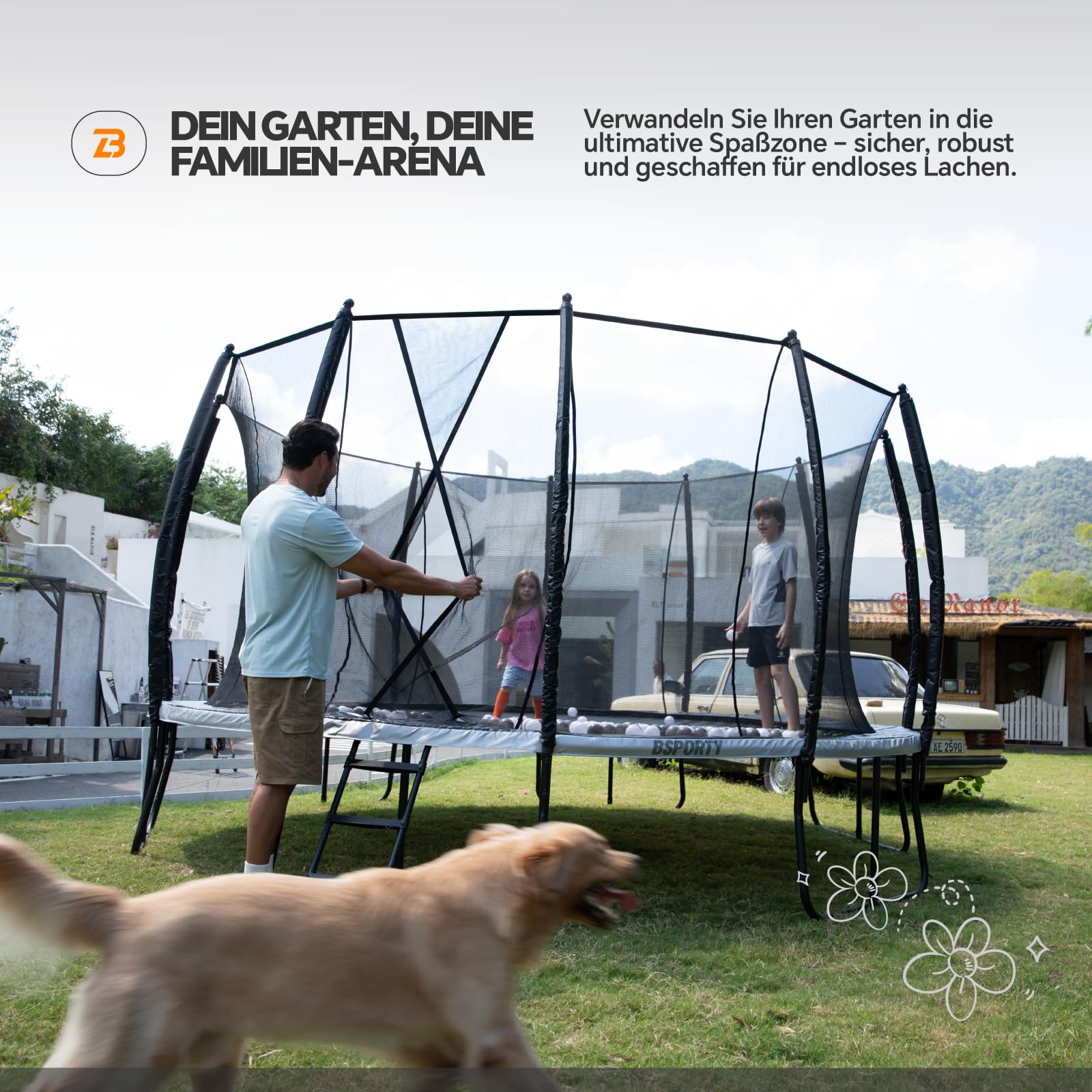 Trampolin Outdoor 305 cm mit Sicherheitsnetz, 5 verstärkte U-förmige Beine mit Mittelstütze, ASTM-Zertifiziert, Freizeittrampolin für Kinder und Erwachsene