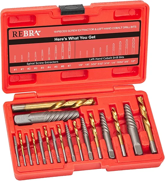 Screw Extractor Set, 37# Cr-Mo & 6542 HSS Steel Cobalt Left-Hand Drill Bit, Easy Out Broken Bolt Remover Reverse, Ez Out Stripped, Rounded-Off, Damaged Bolts, Screws&Studs Removal Tool (18-Pieces)